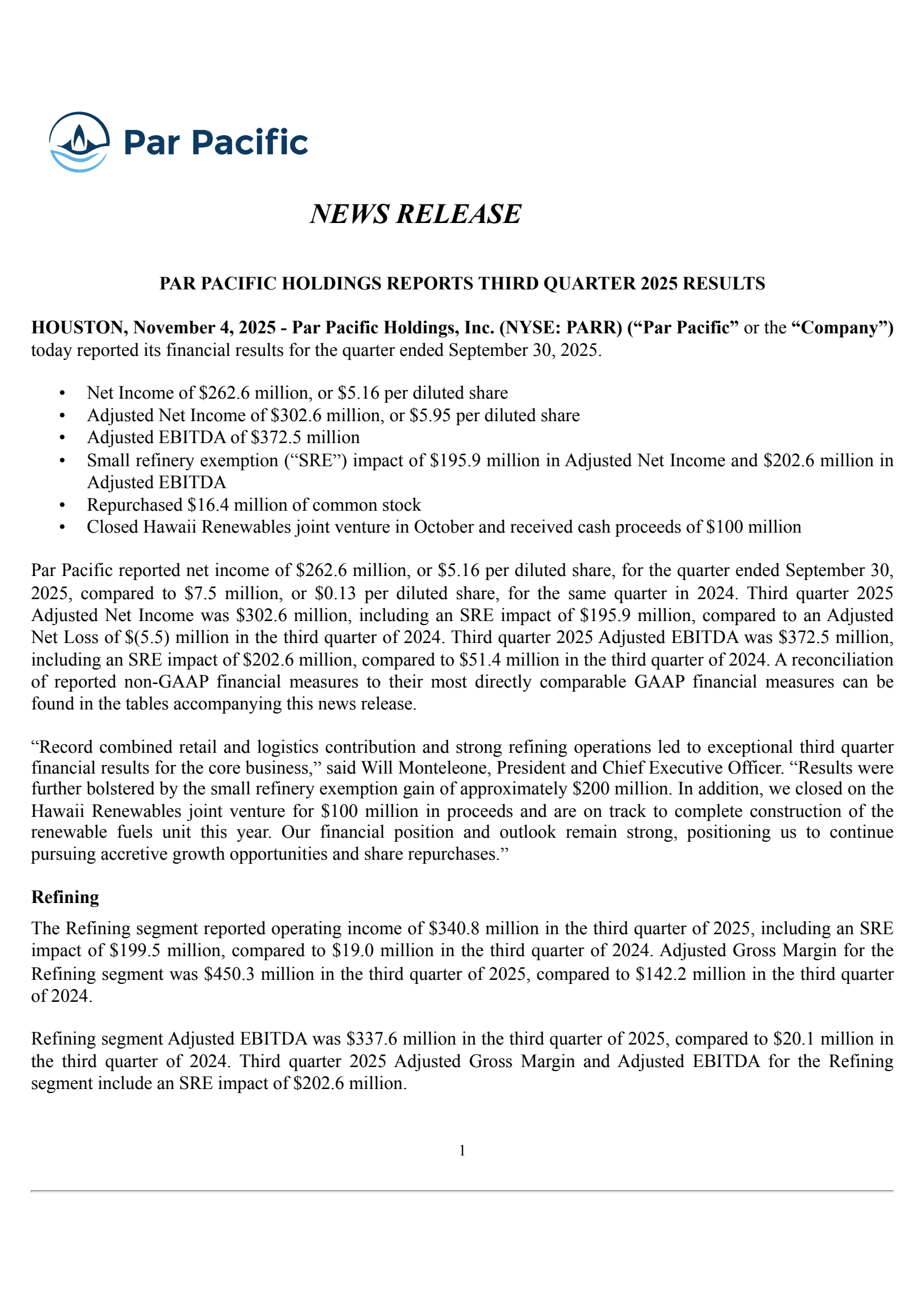 Par Pacific's Q3 2025 Earnings Release