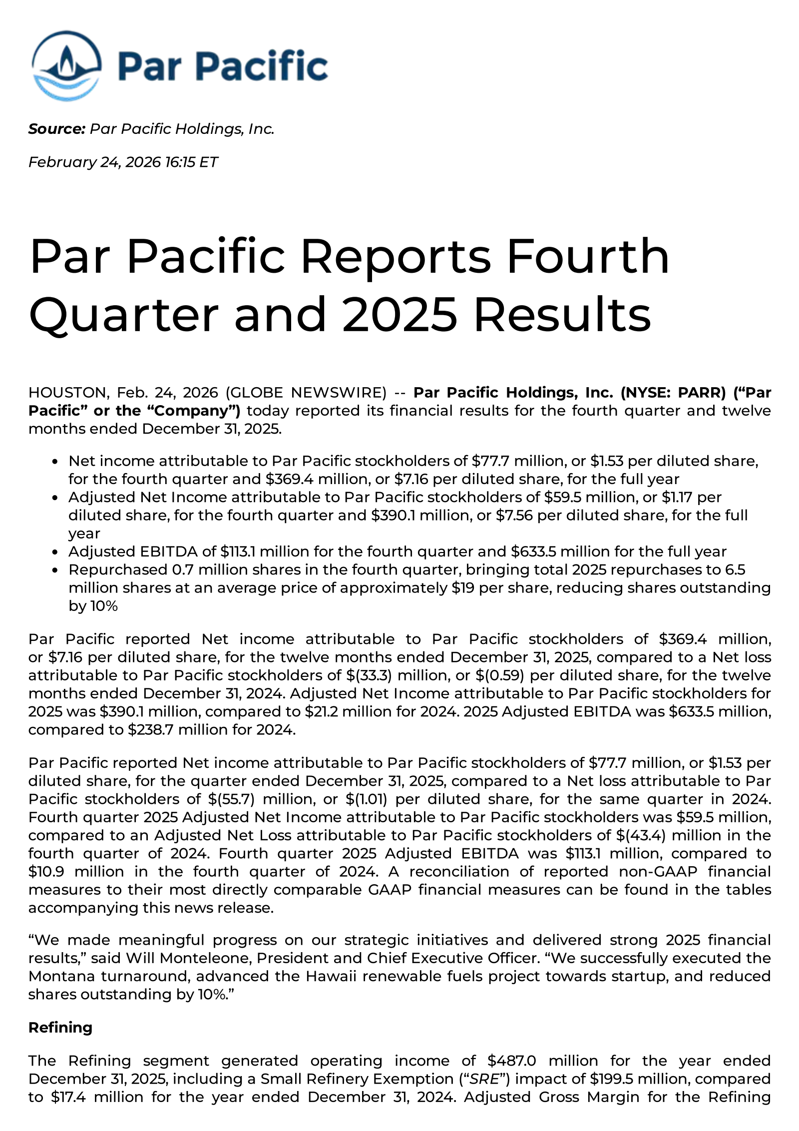 Par Pacific's Q4 2025 Press Release