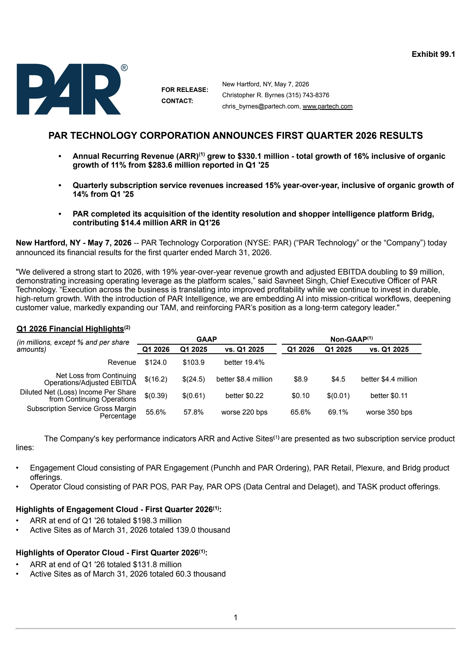 PAR Technology's Q1 2026 Press Release