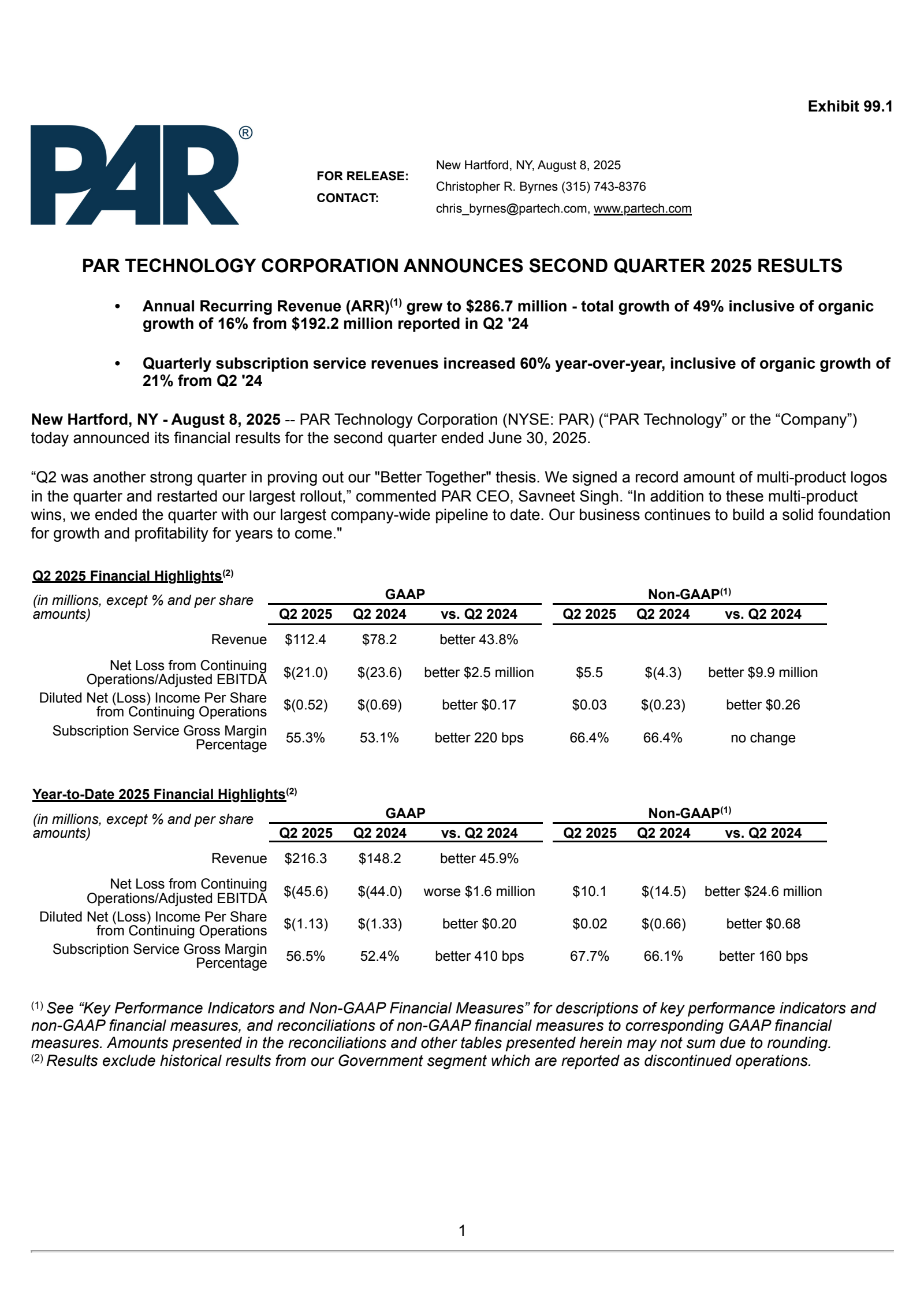 PAR Technology's Q2 2025 Press Release
