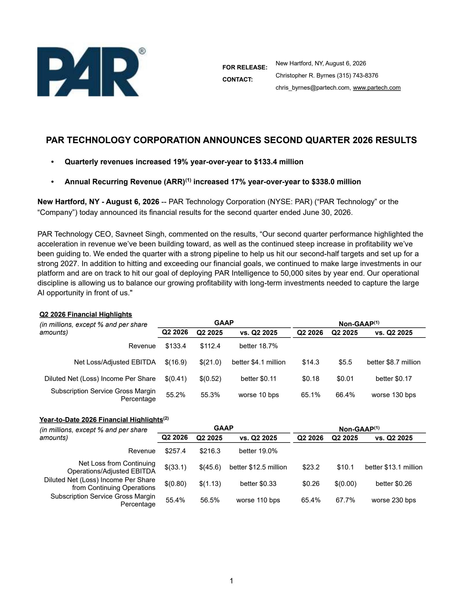 PAR Technology's Q2 2026 Press Release