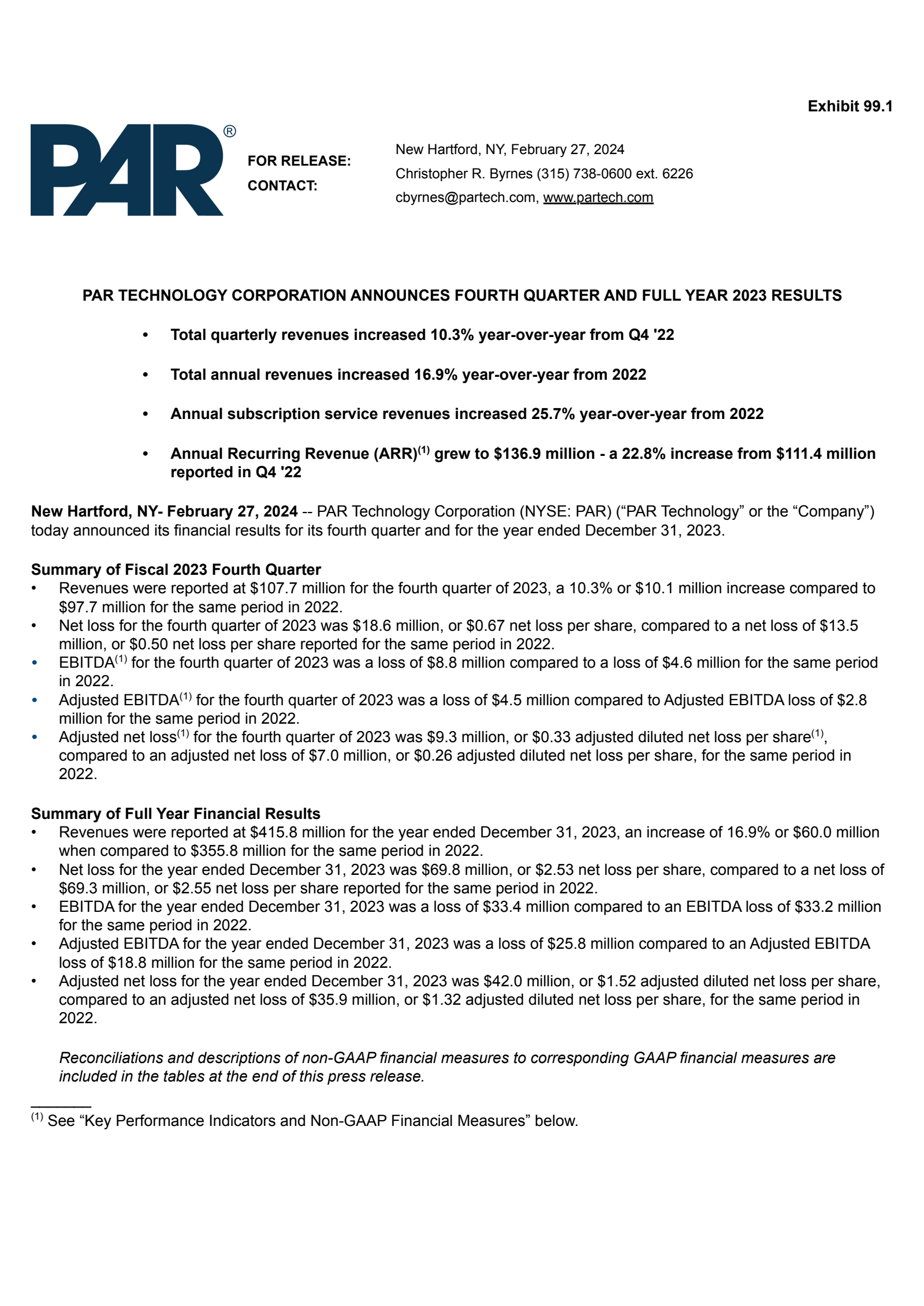 Par Report PAR Q4 2023 Earnings Report on 2/27/2024
