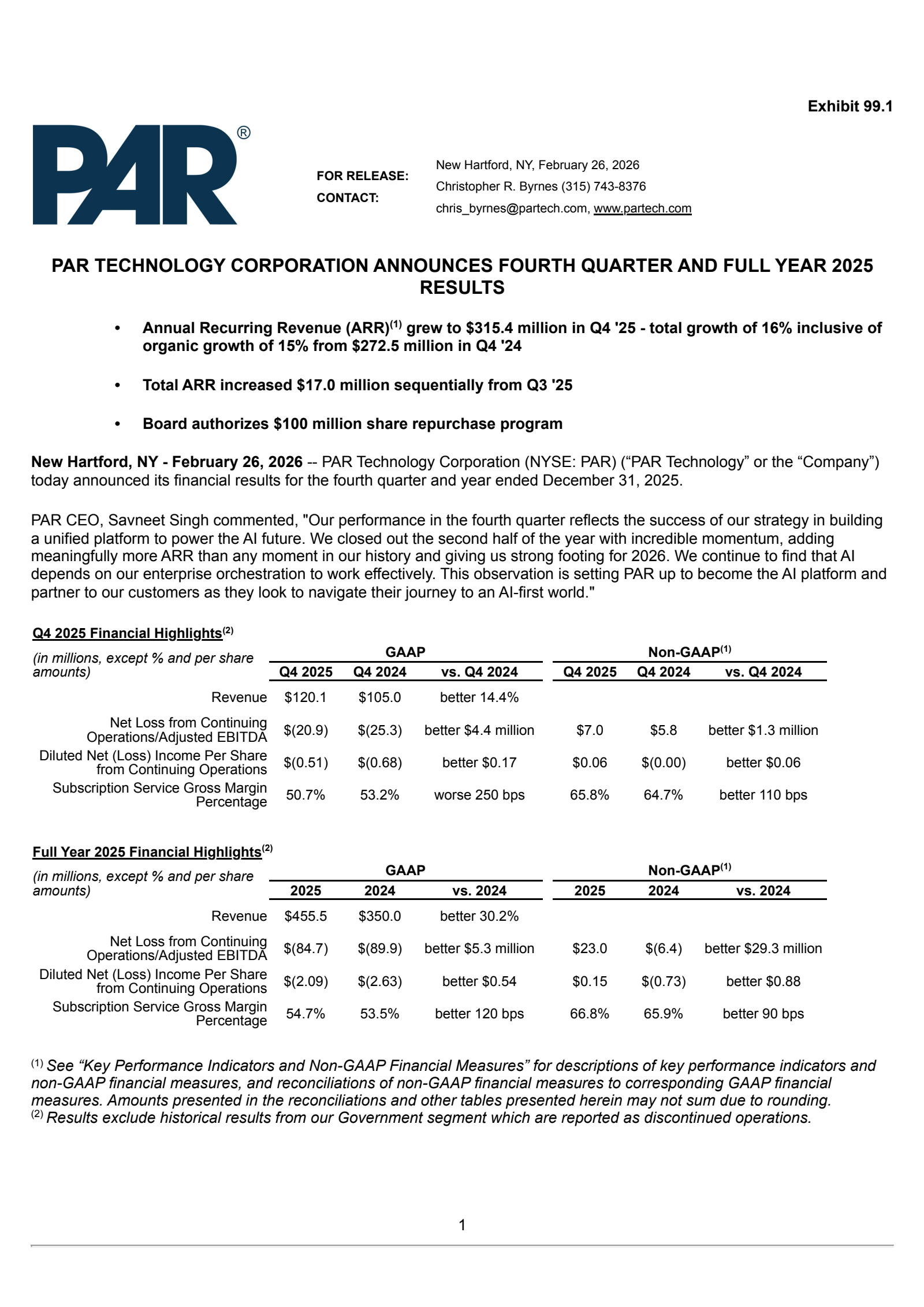 PAR Technology's Q4 2025 Press Release