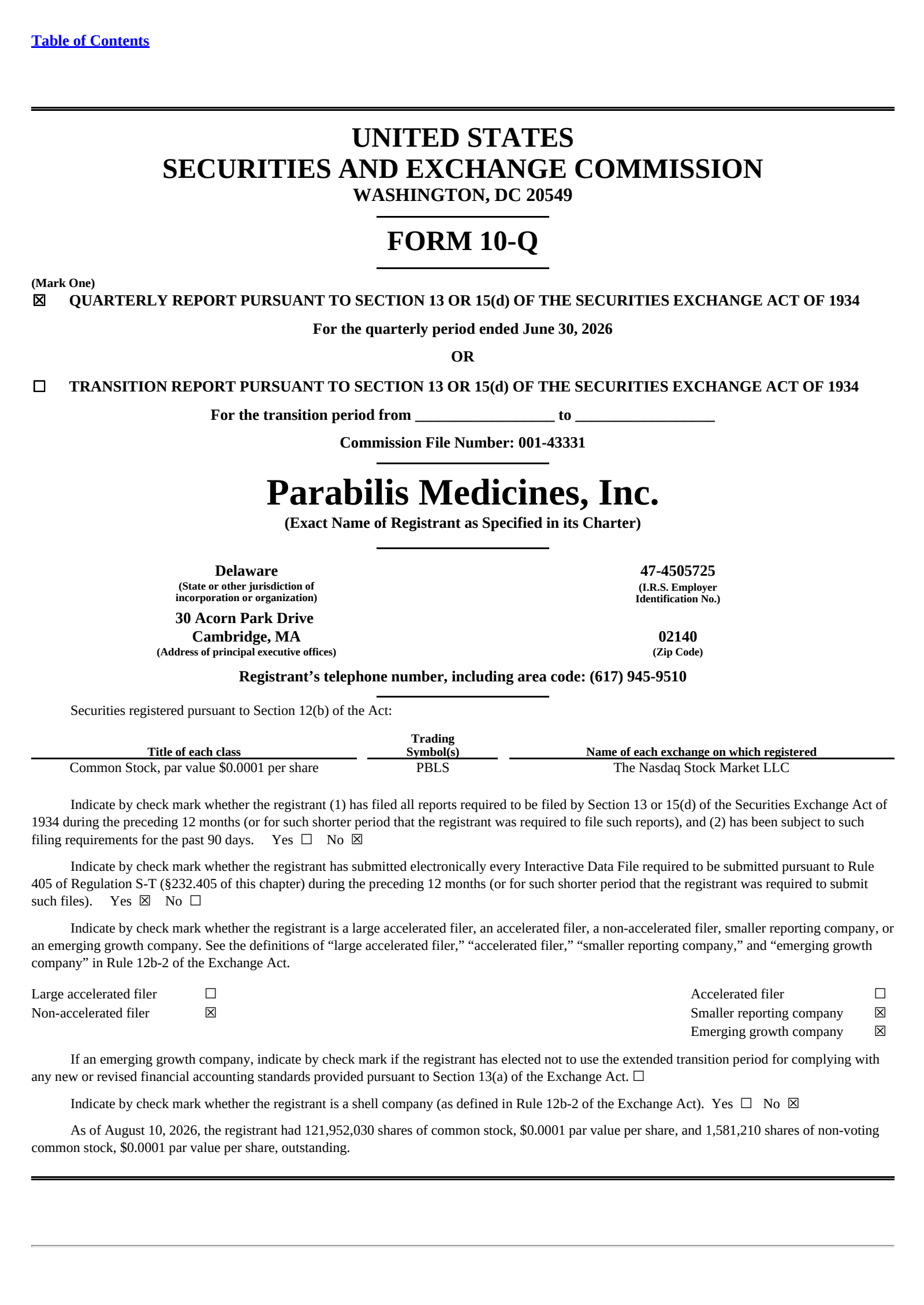 Parabilis Medicines' Q2 2026 Quarterly report