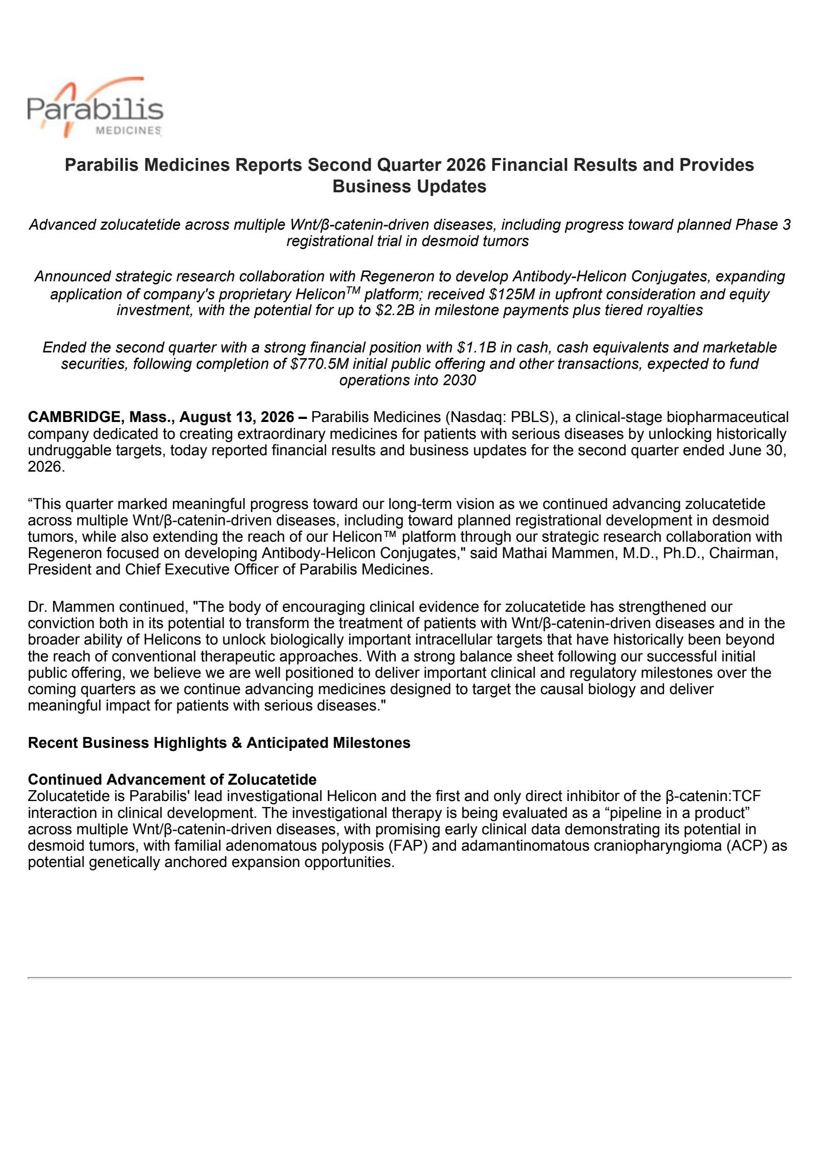 Parabilis Medicines' Q2 2026 Press Release