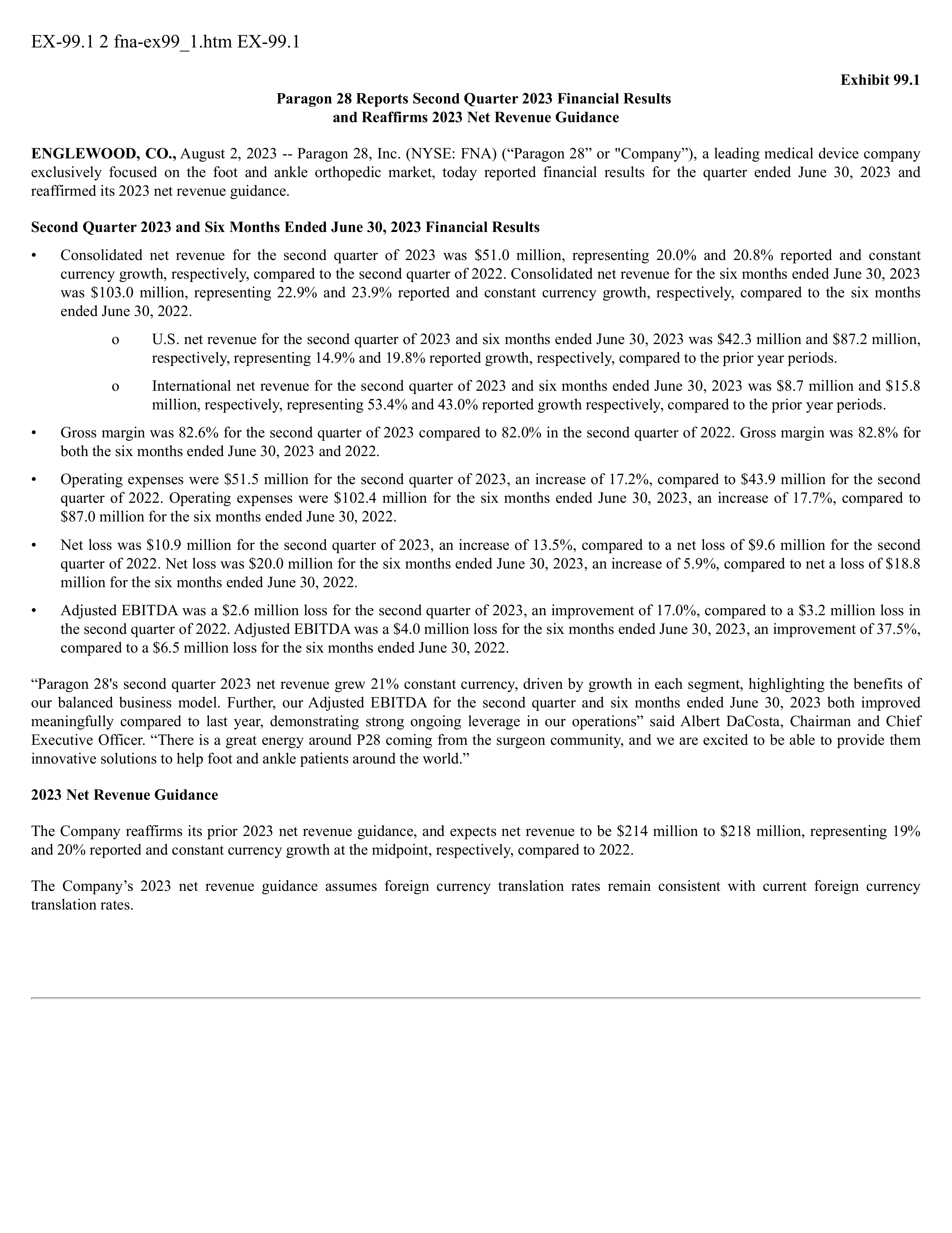 Paragon 28's Q2 2023 Press Release