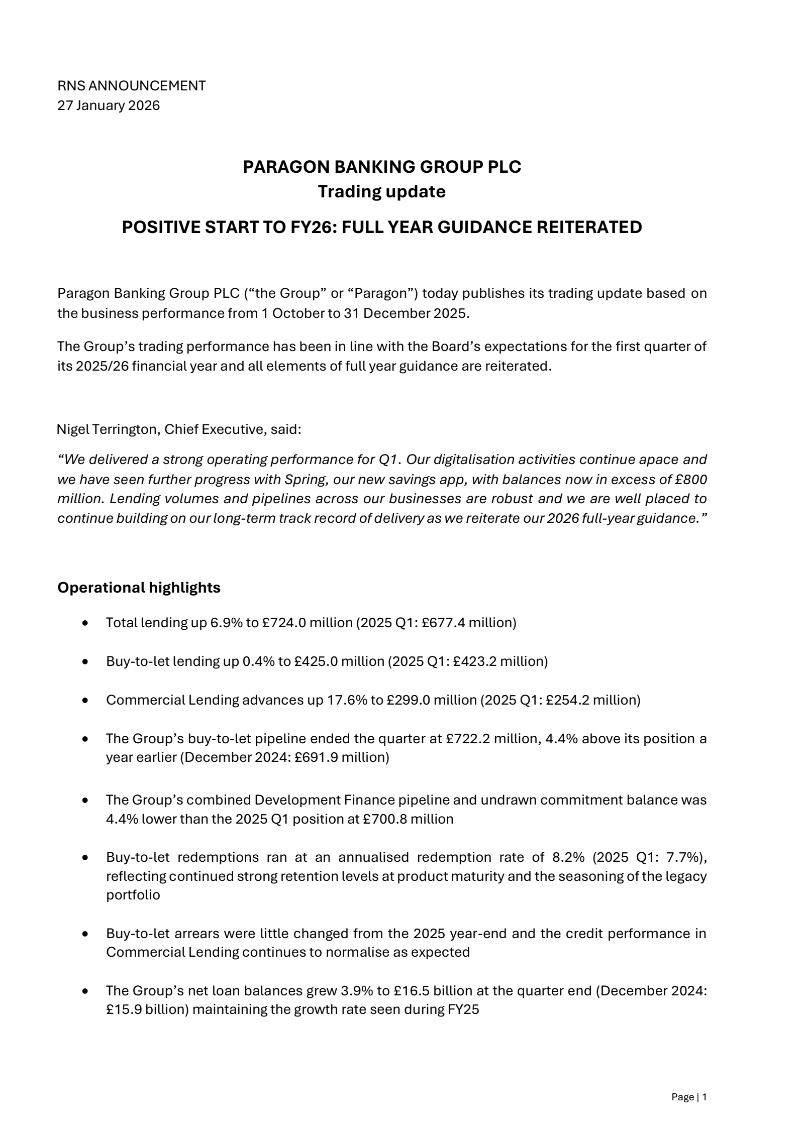 Paragon Banking Group's Q1 2026 TU Press Release