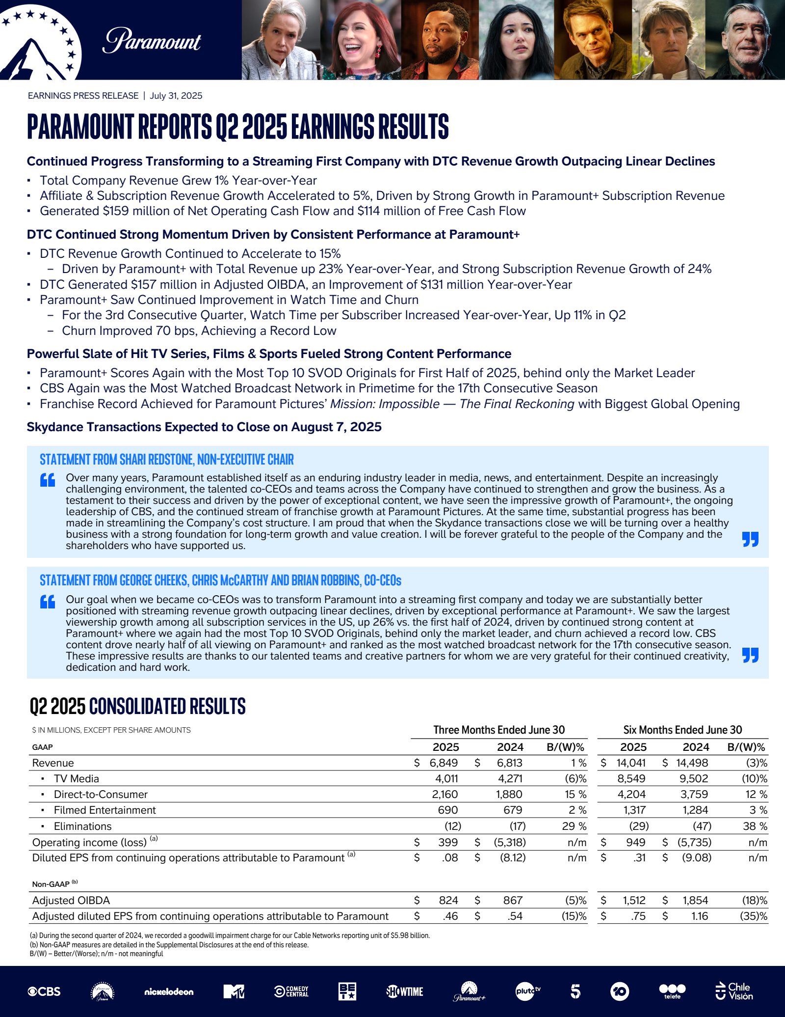 Paramount Global's Q2 2025 Press Release