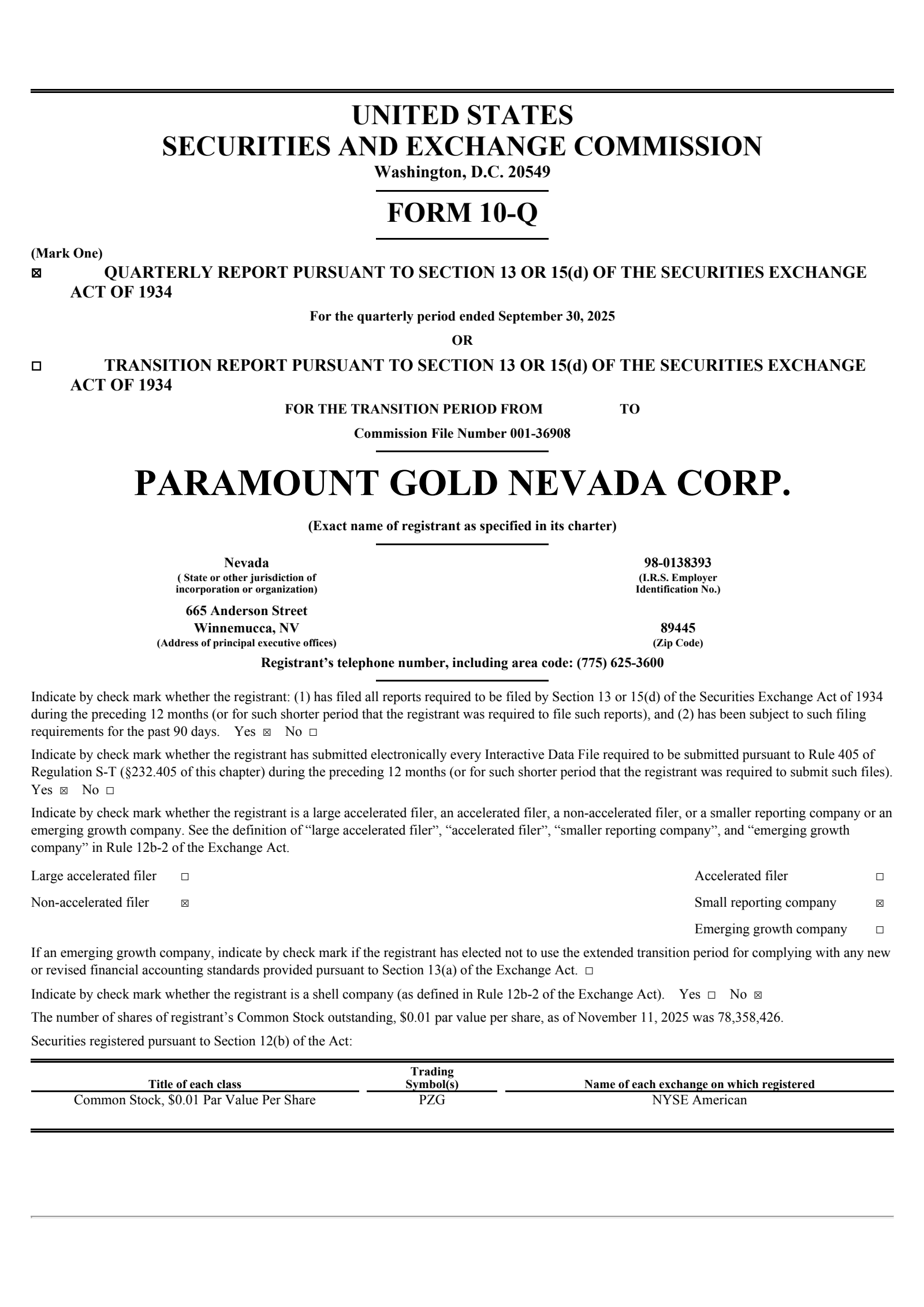 Paramount Gold Nevada's Q1 2026 Quarterly report