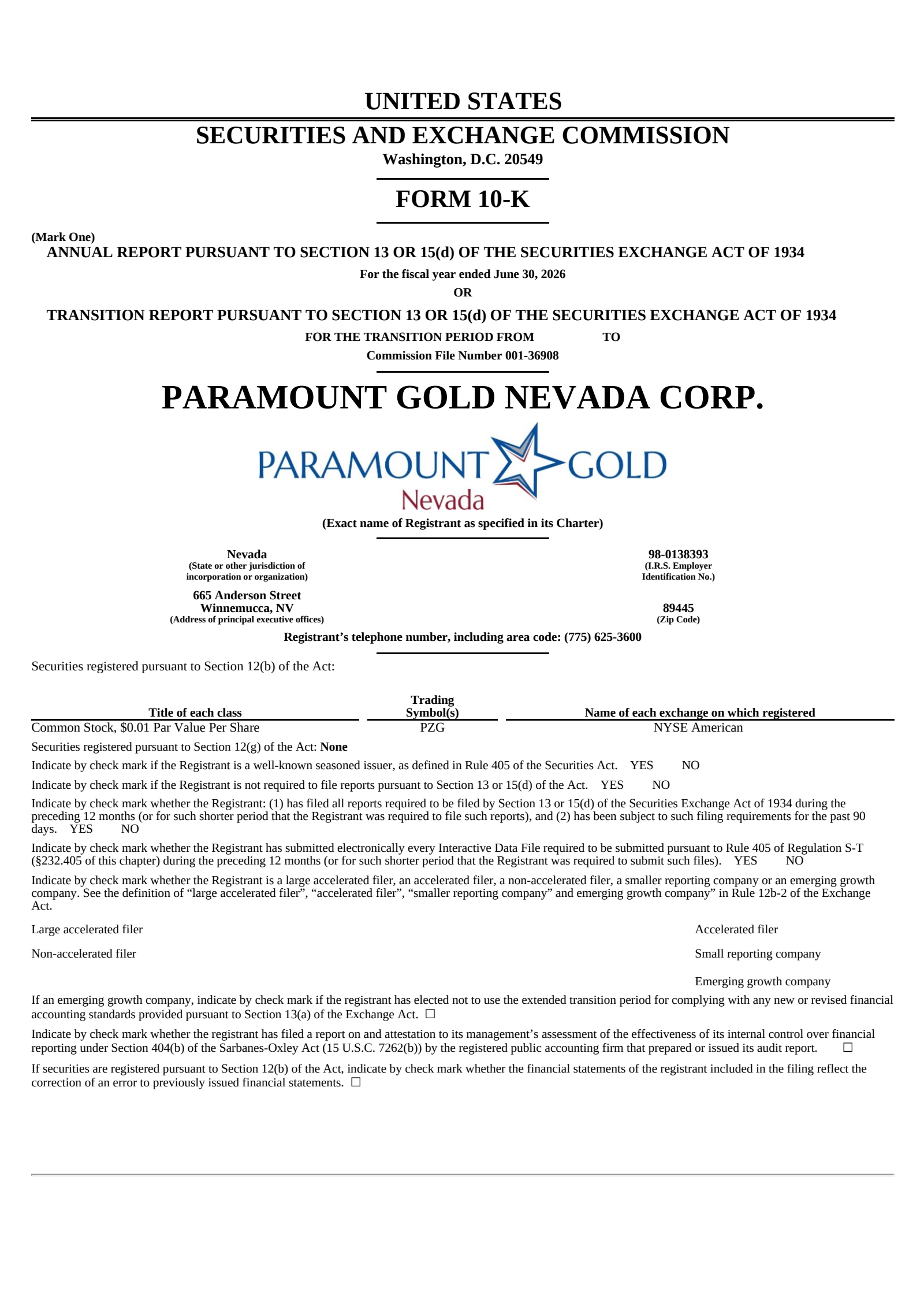Paramount Gold Nevada's Q4 2026 Annual report