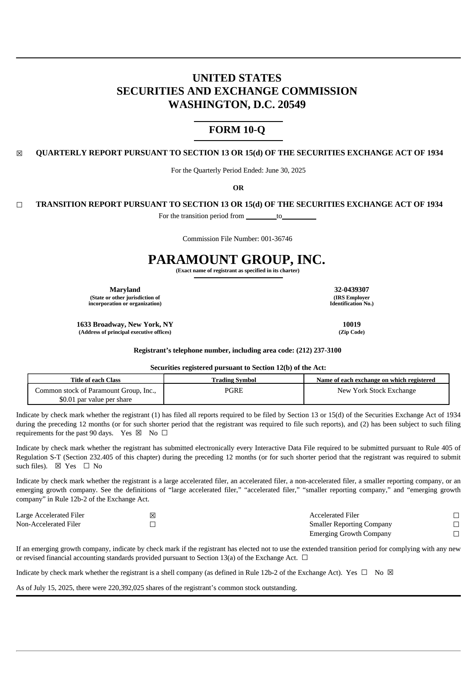 Paramount Group's Q2 2025 Quarterly report