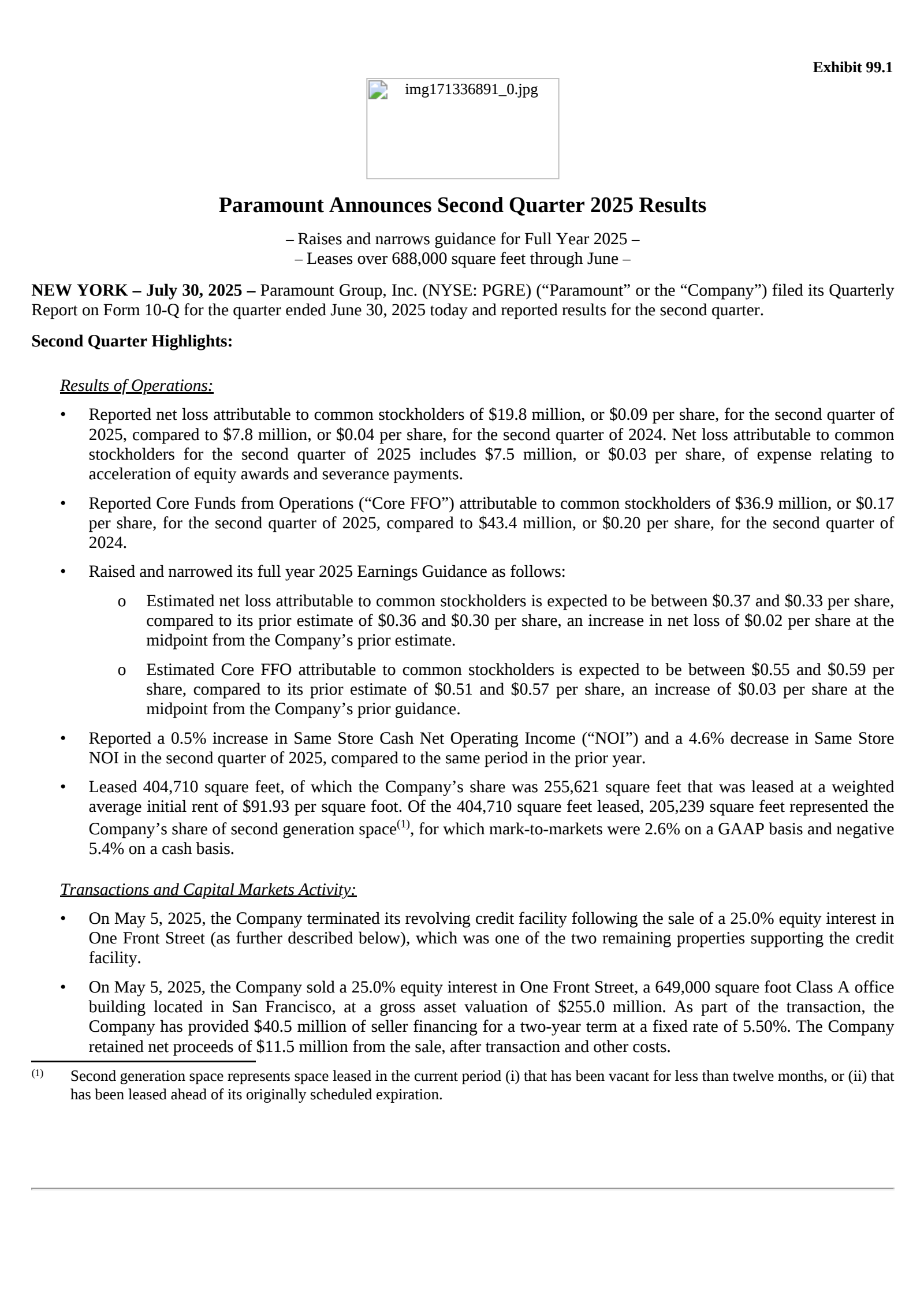 Paramount Group's Q2 2025 Press Release