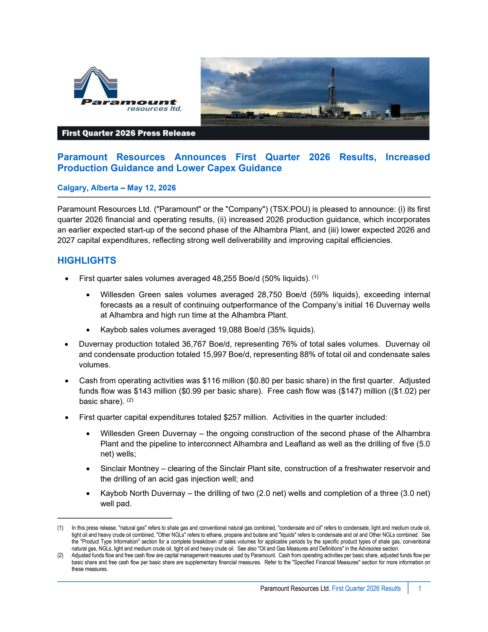 Paramount Resources' Q1 2026 Press Release
