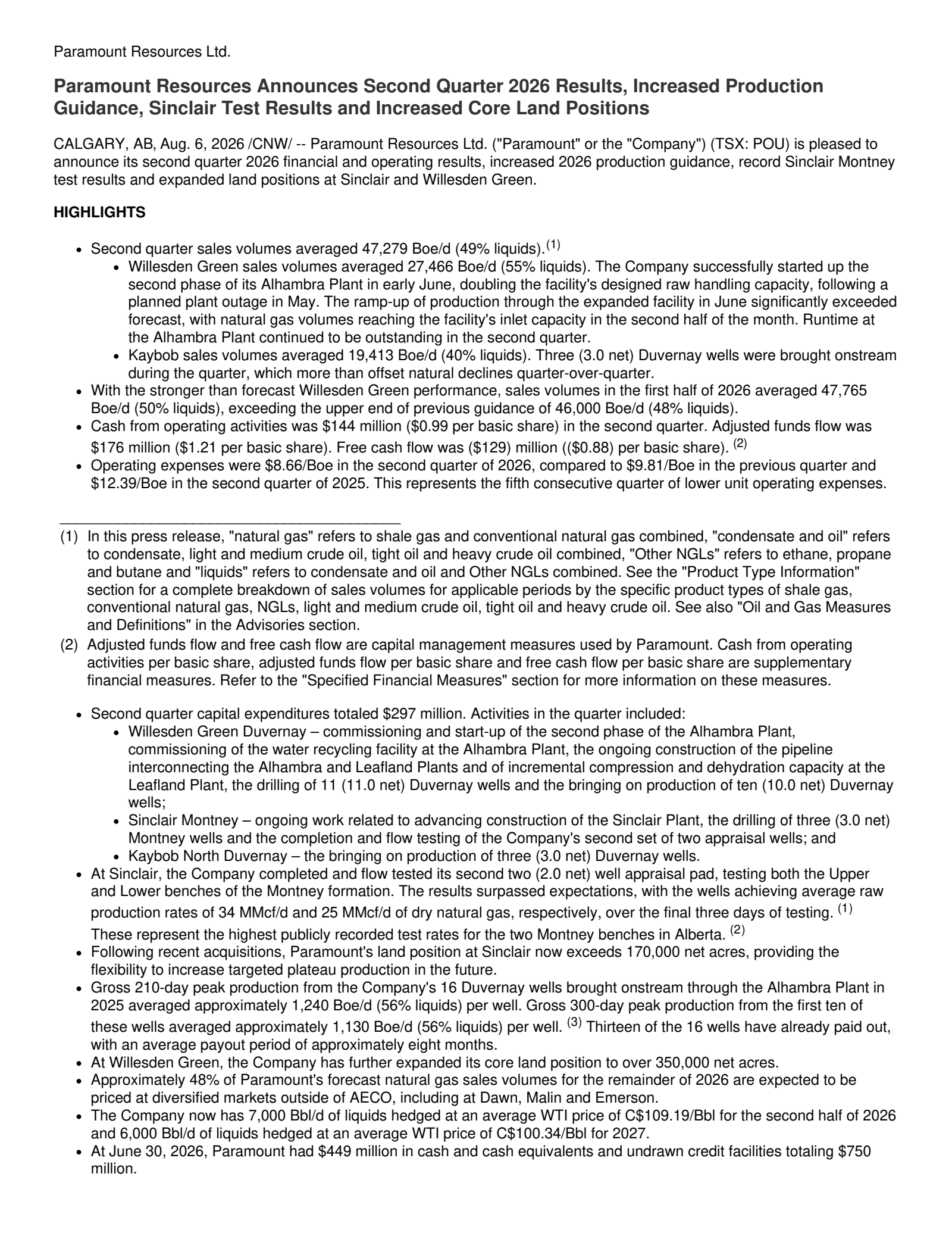 Paramount Resources' Q2 2026 Press Release