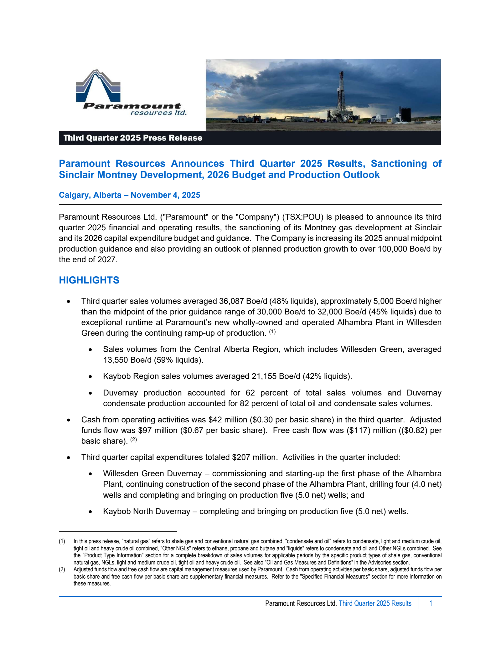 Paramount Resources' Q3 2025 Earnings Release