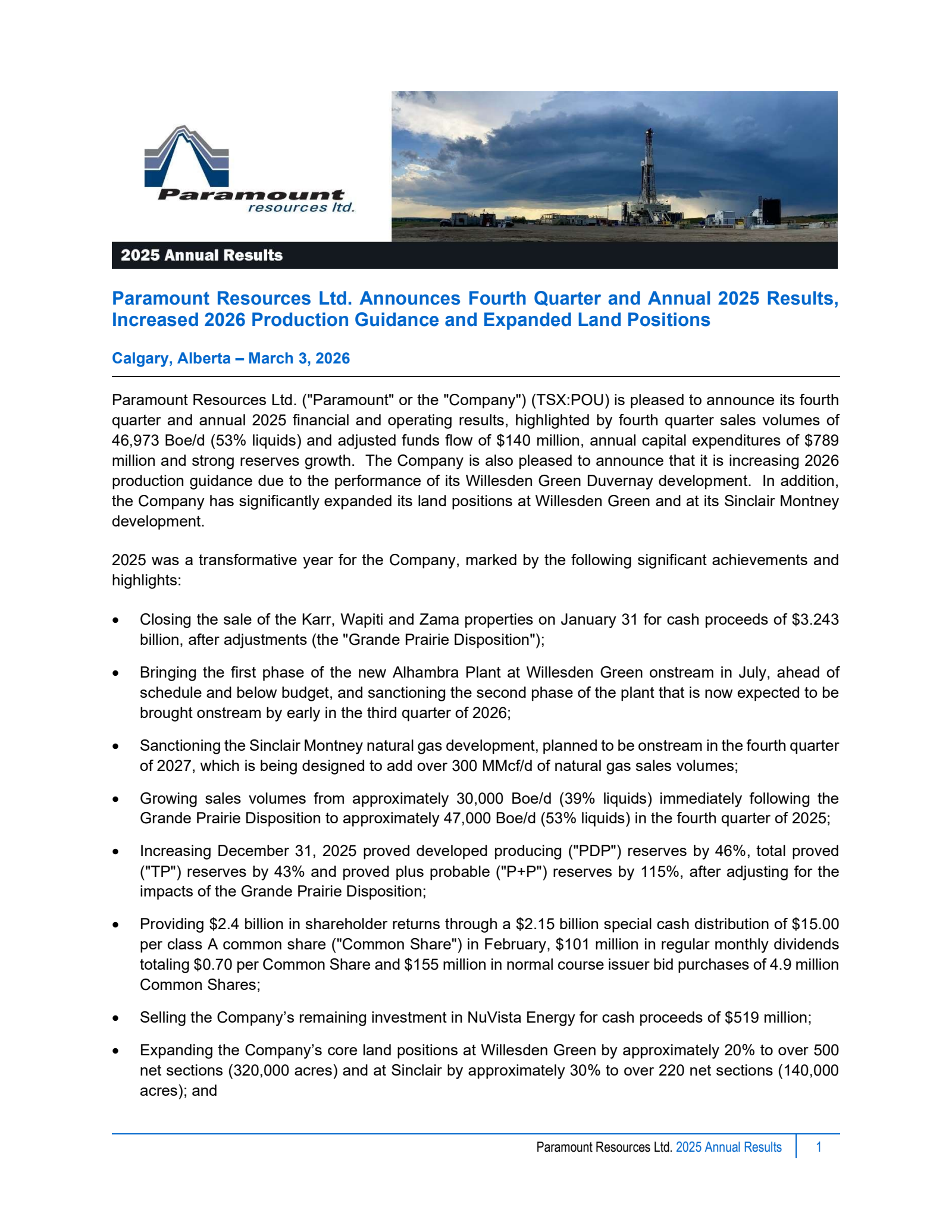Paramount Resources' Q4 2025 Press Release