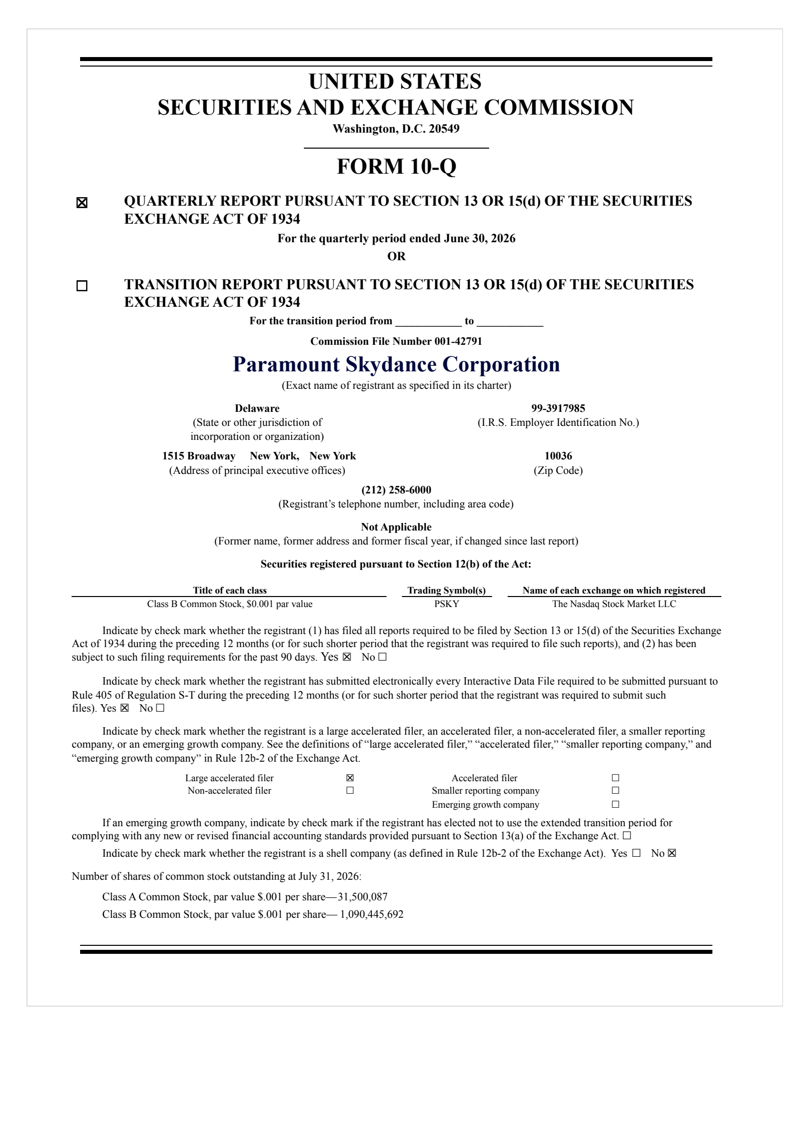Paramount Skydance's Q2 2026 Quarterly report