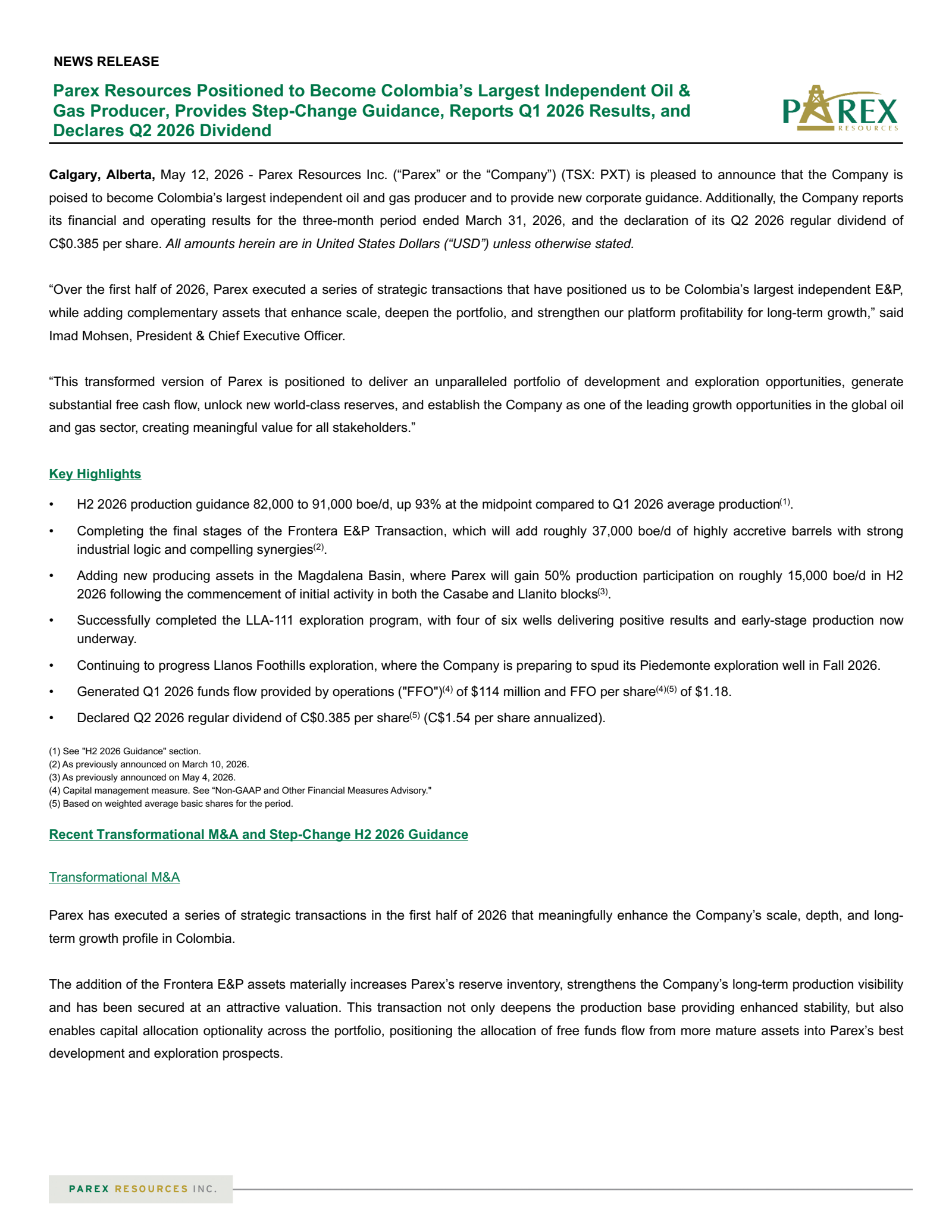 Parex Resources' Q1 2026 Press Release