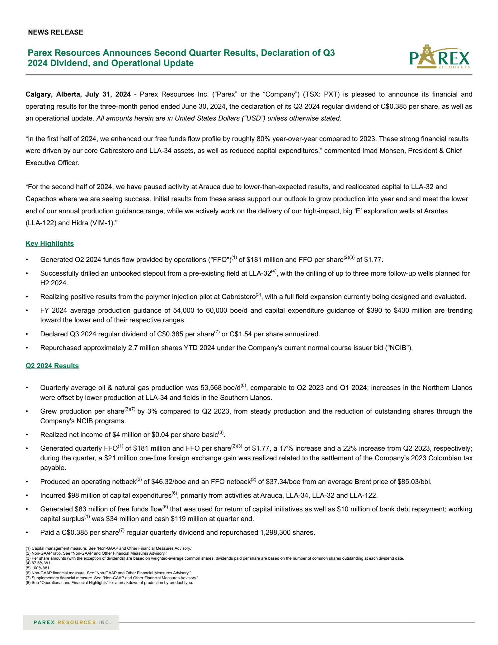 Parex Resources' Q2 2024 Press Release