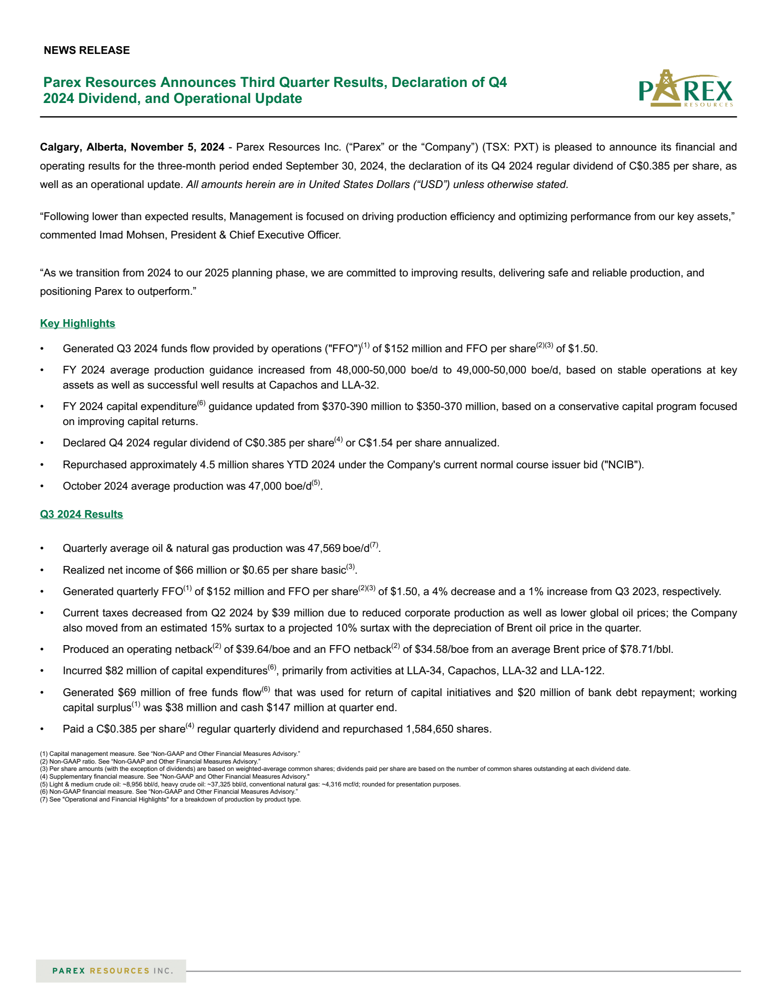 Parex Resources' Q3 2024 Press Release