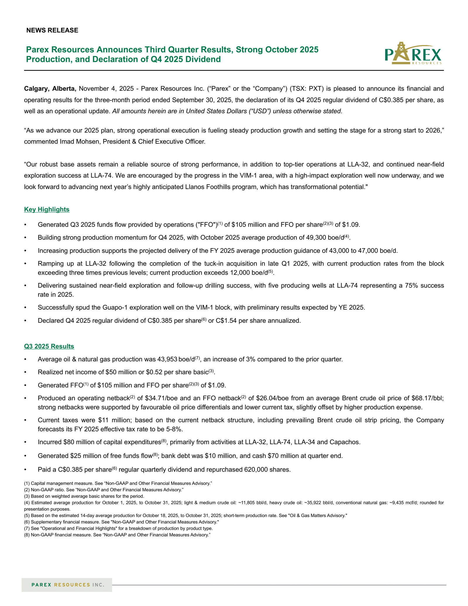Parex Resources' Q3 2025 Press Release