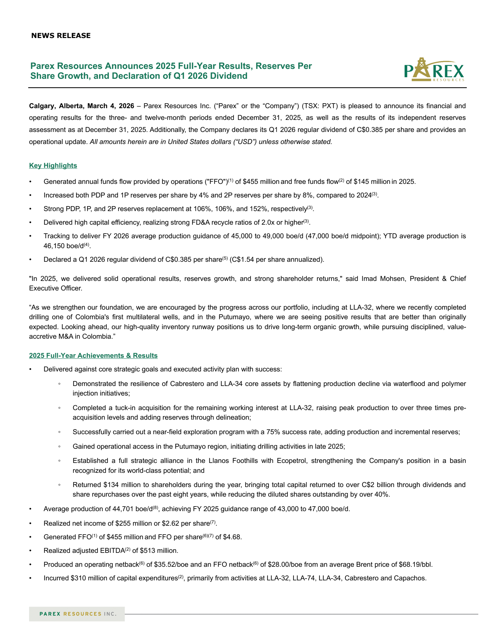 Parex Resources' Q4 2025 Press Release