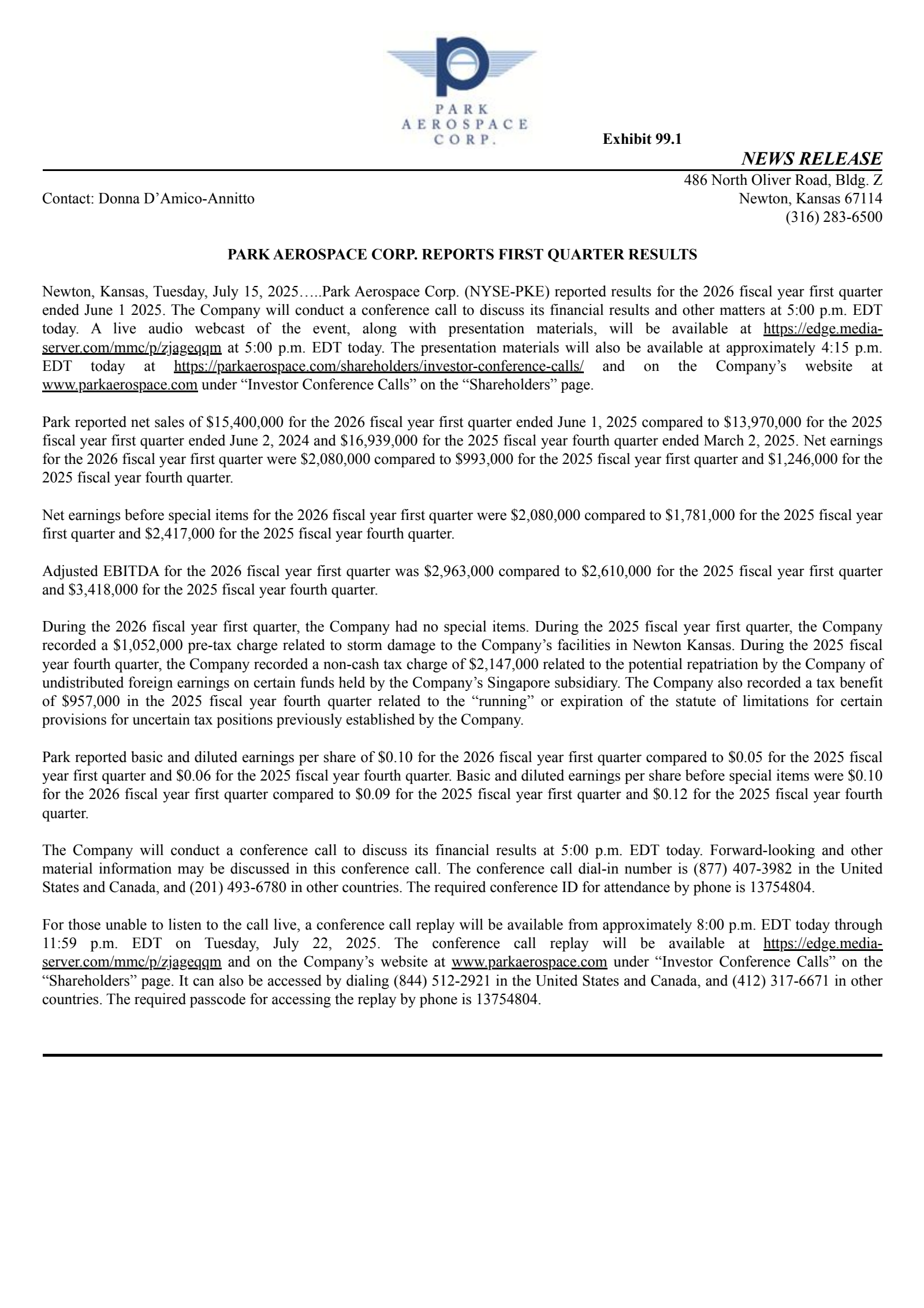 Park Aerospace's Q1 2026 Press Release