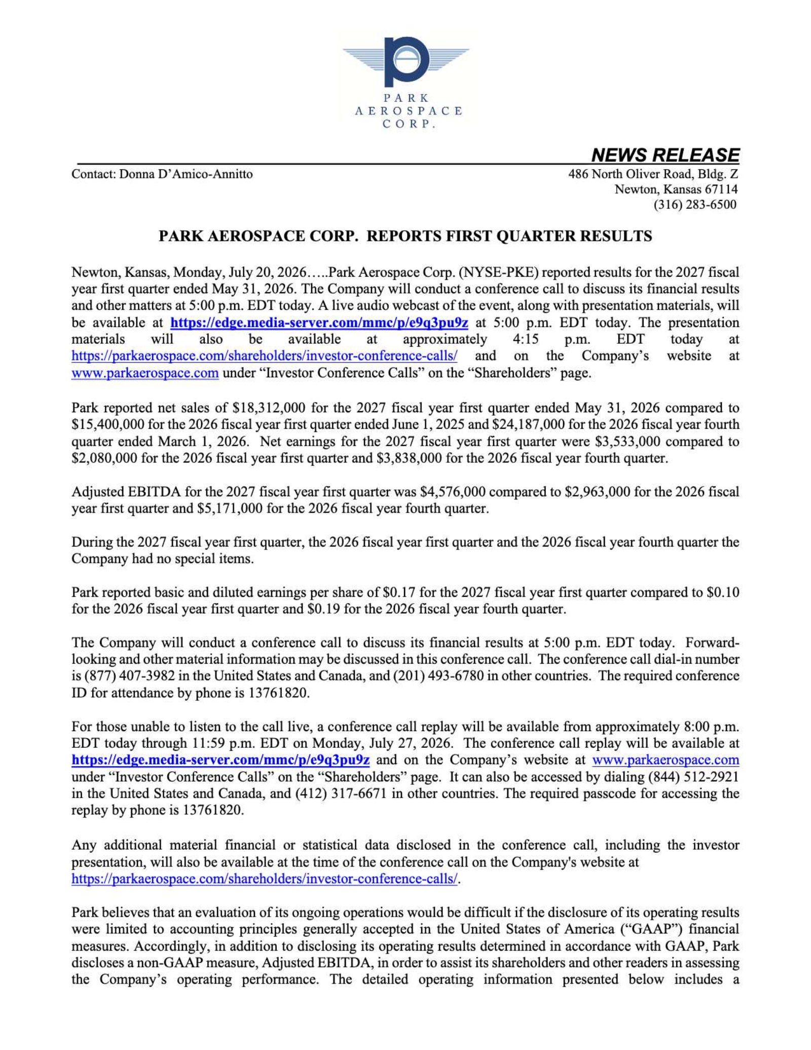 Park Aerospace's Q1 2027 Press Release