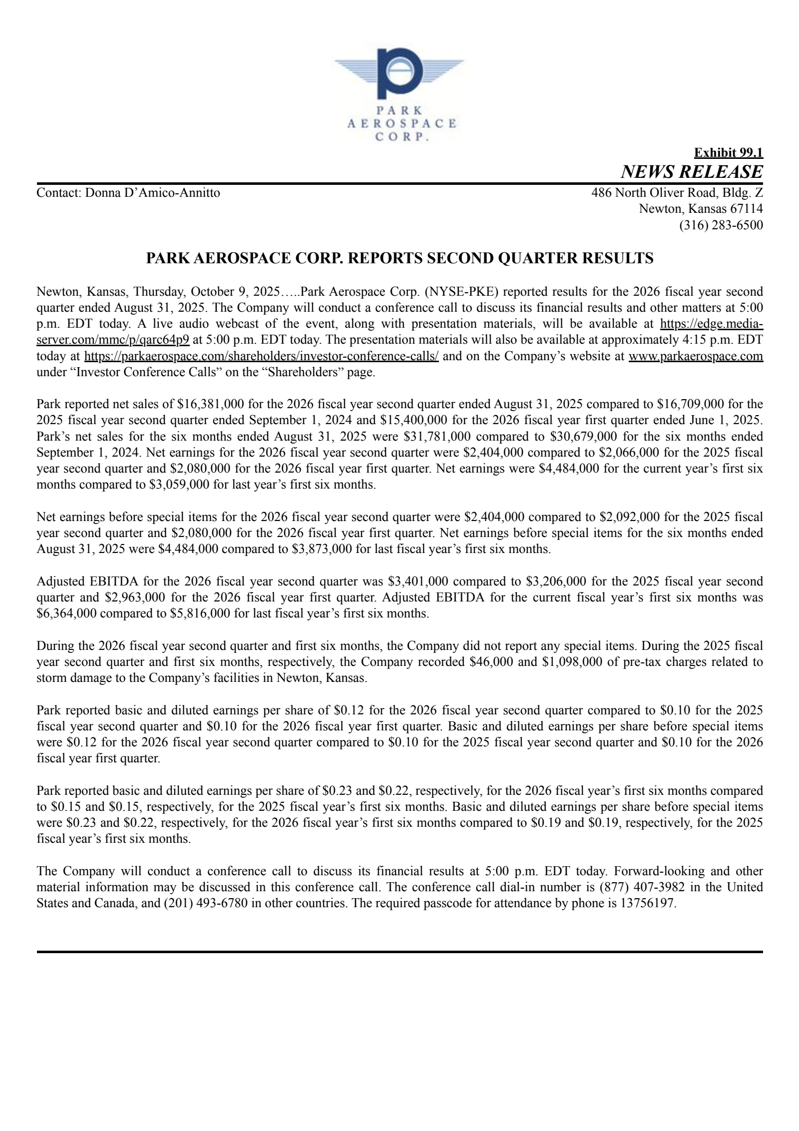 Park Aerospace's Q2 2026 Earnings Release