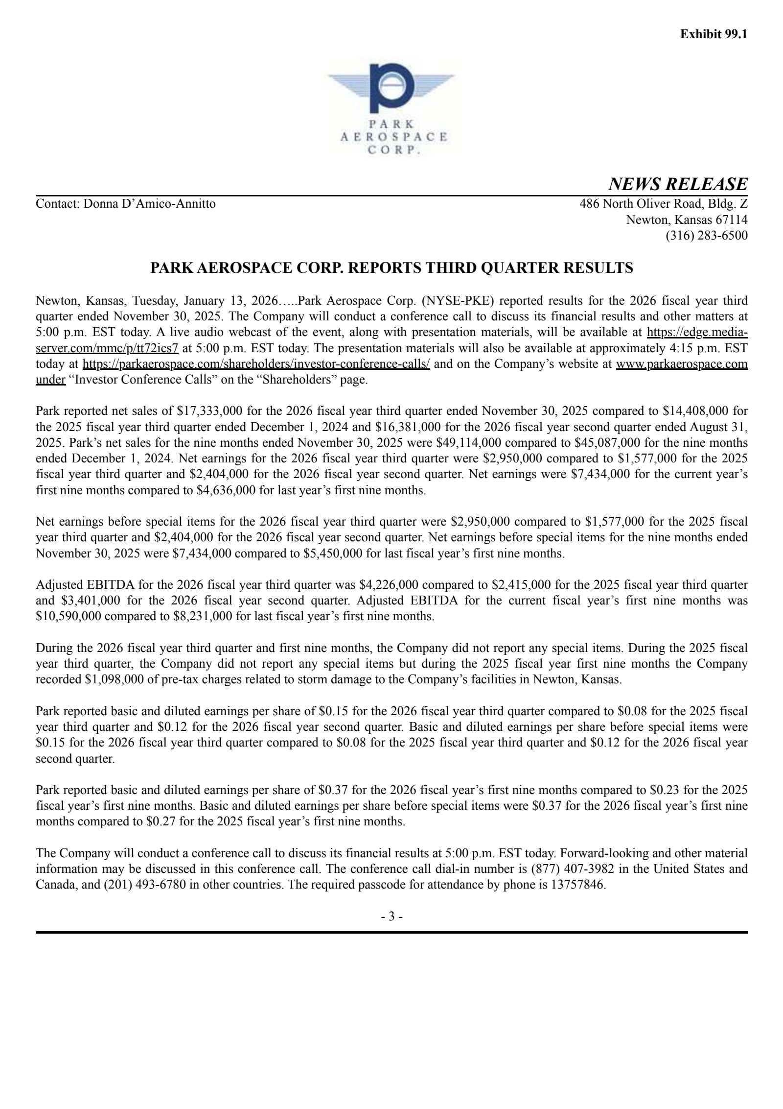 Park Aerospace's Q3 2026 Press Release