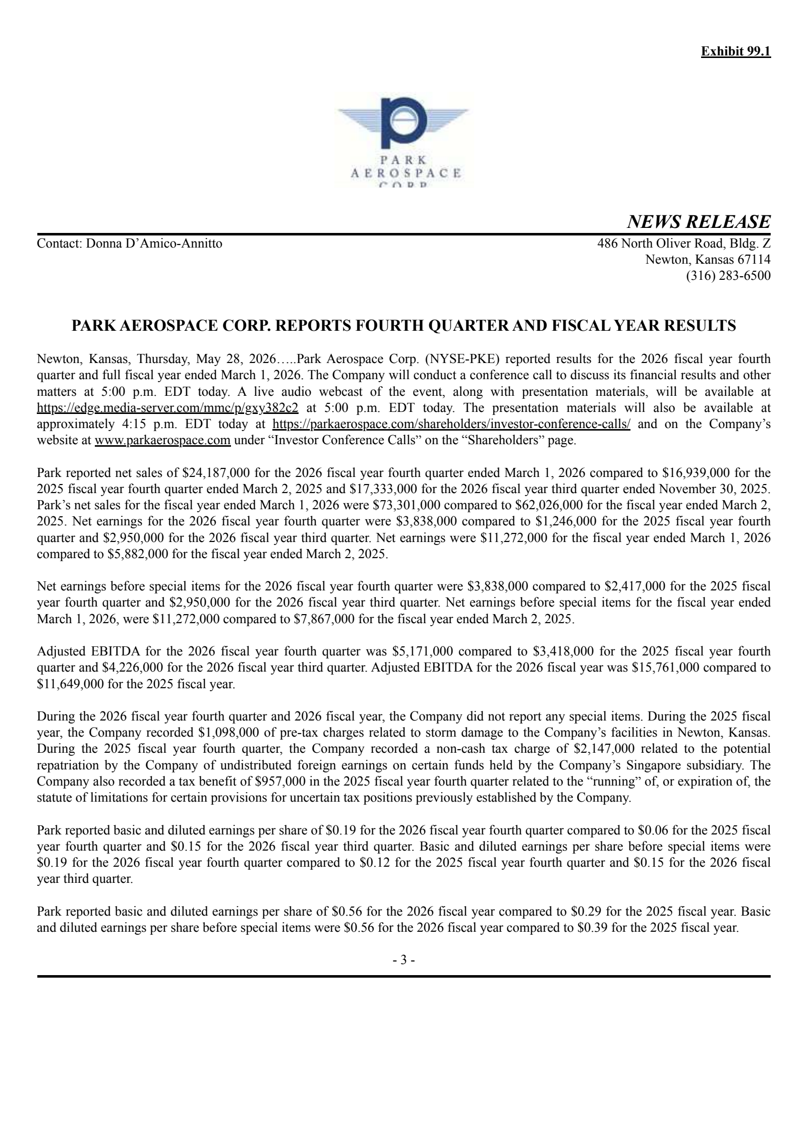 Park Aerospace's Q4 2026 Press Release