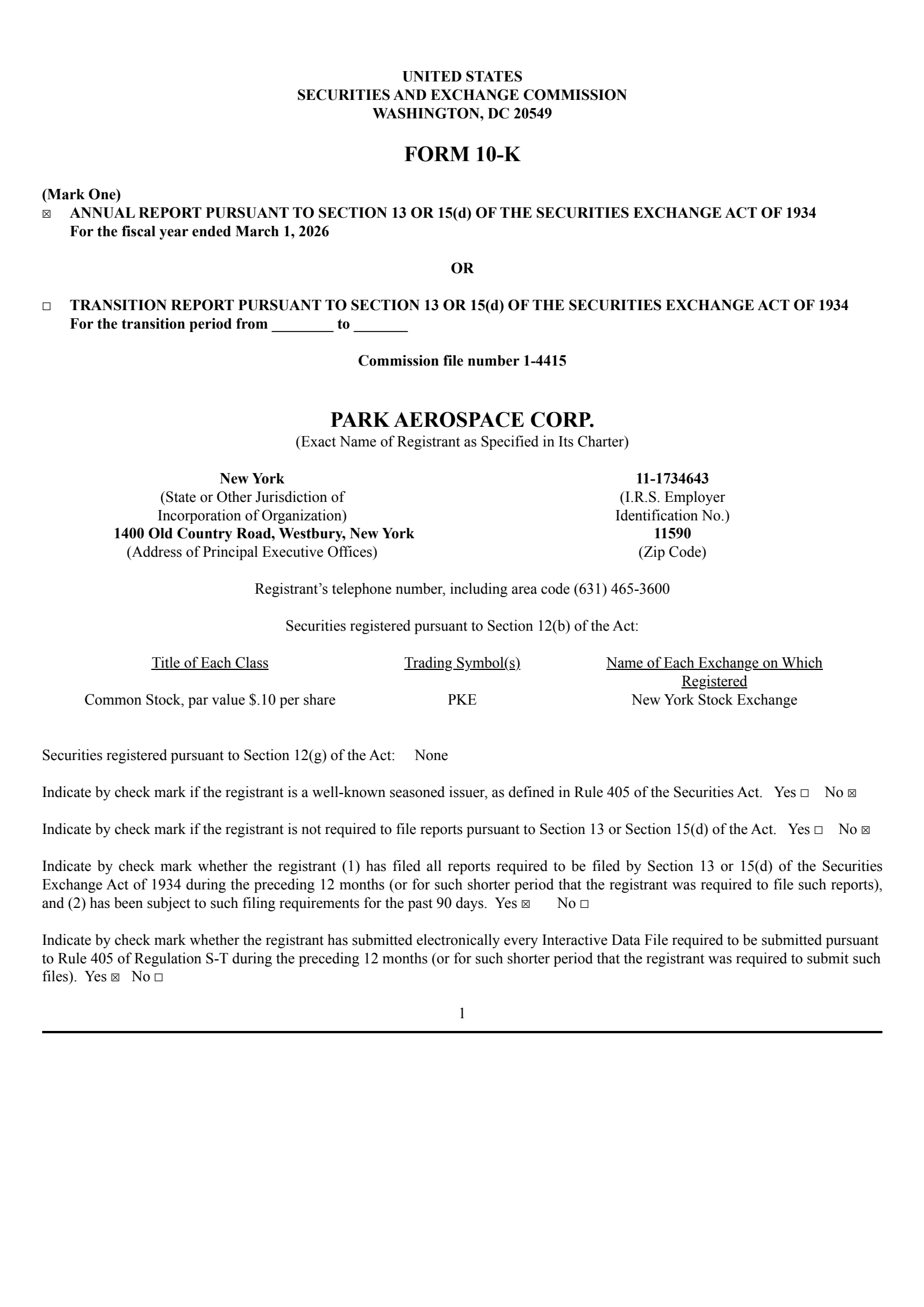 Park Aerospace's Q4 2026 Annual report