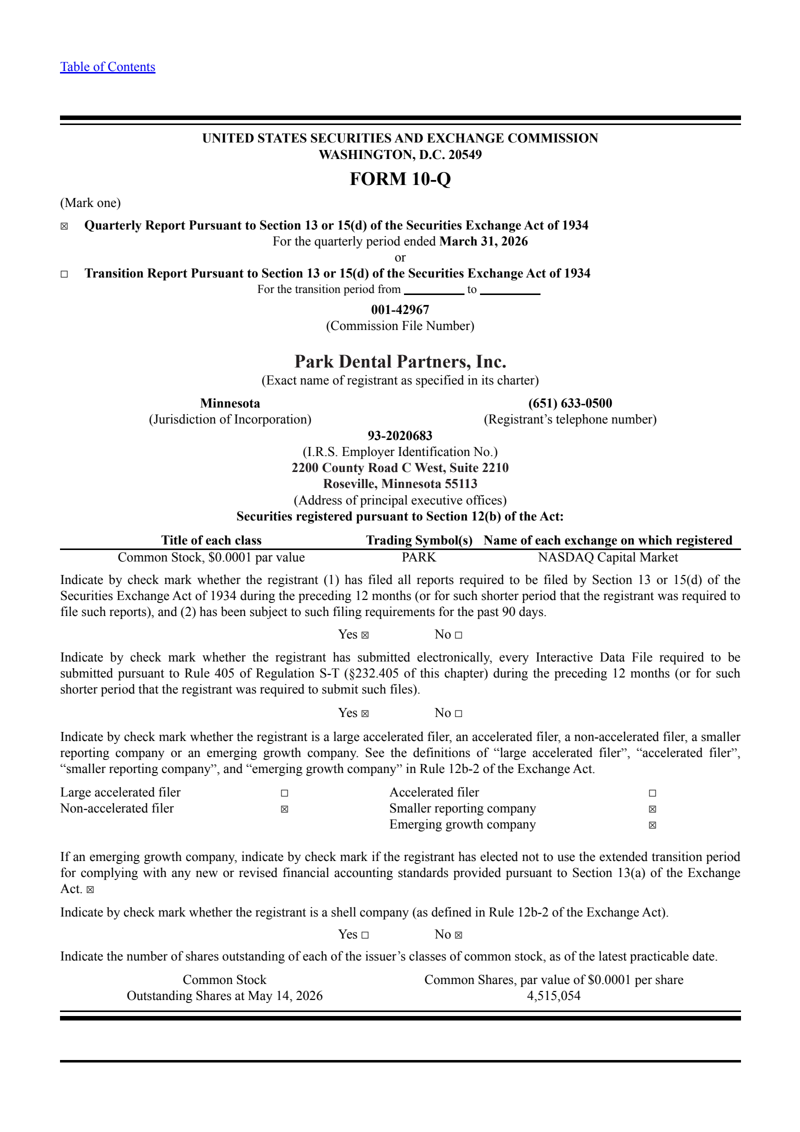 Park Dental Partners' Q1 2026 Quarterly report