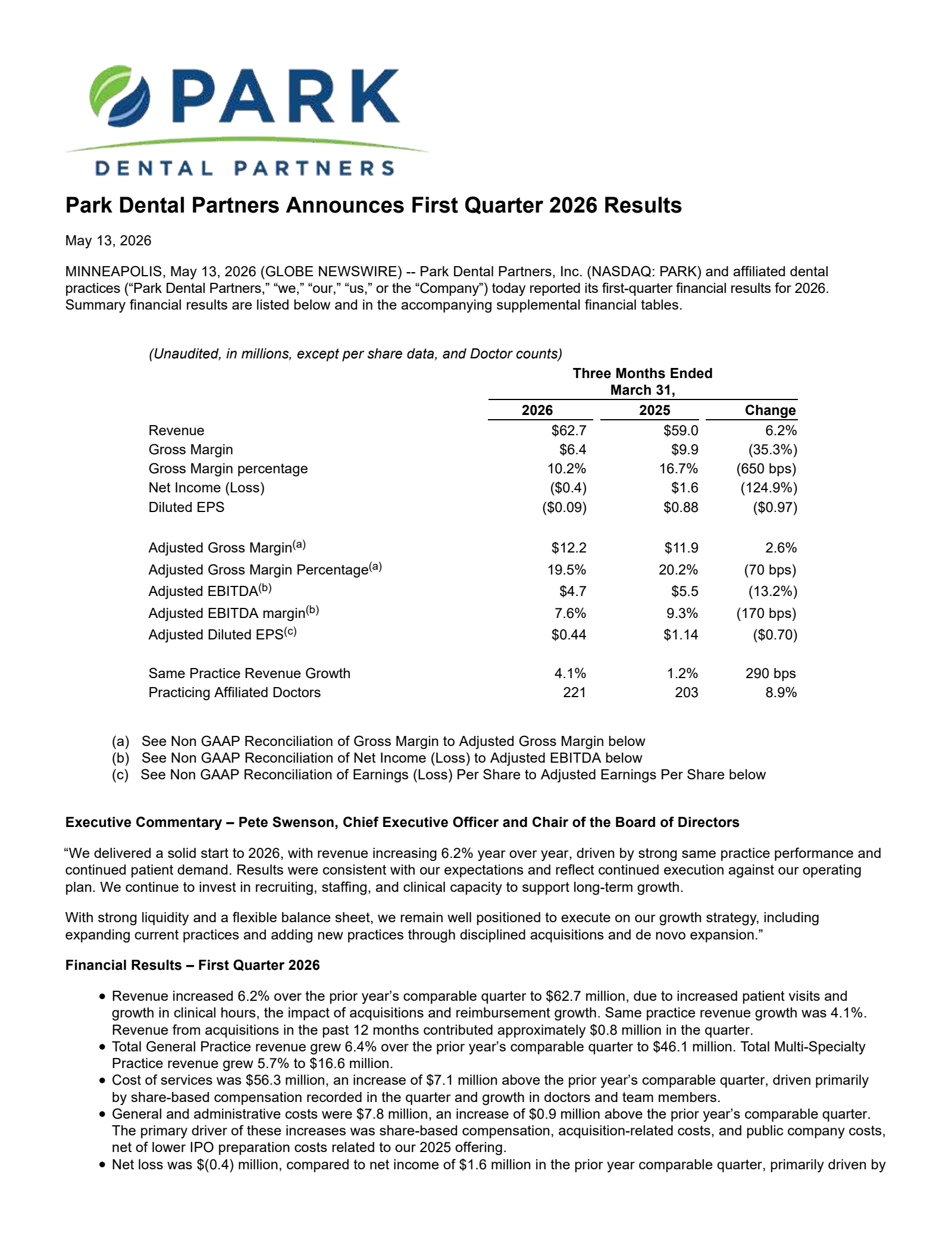 Park Dental Partners' Q1 2026 Press Release