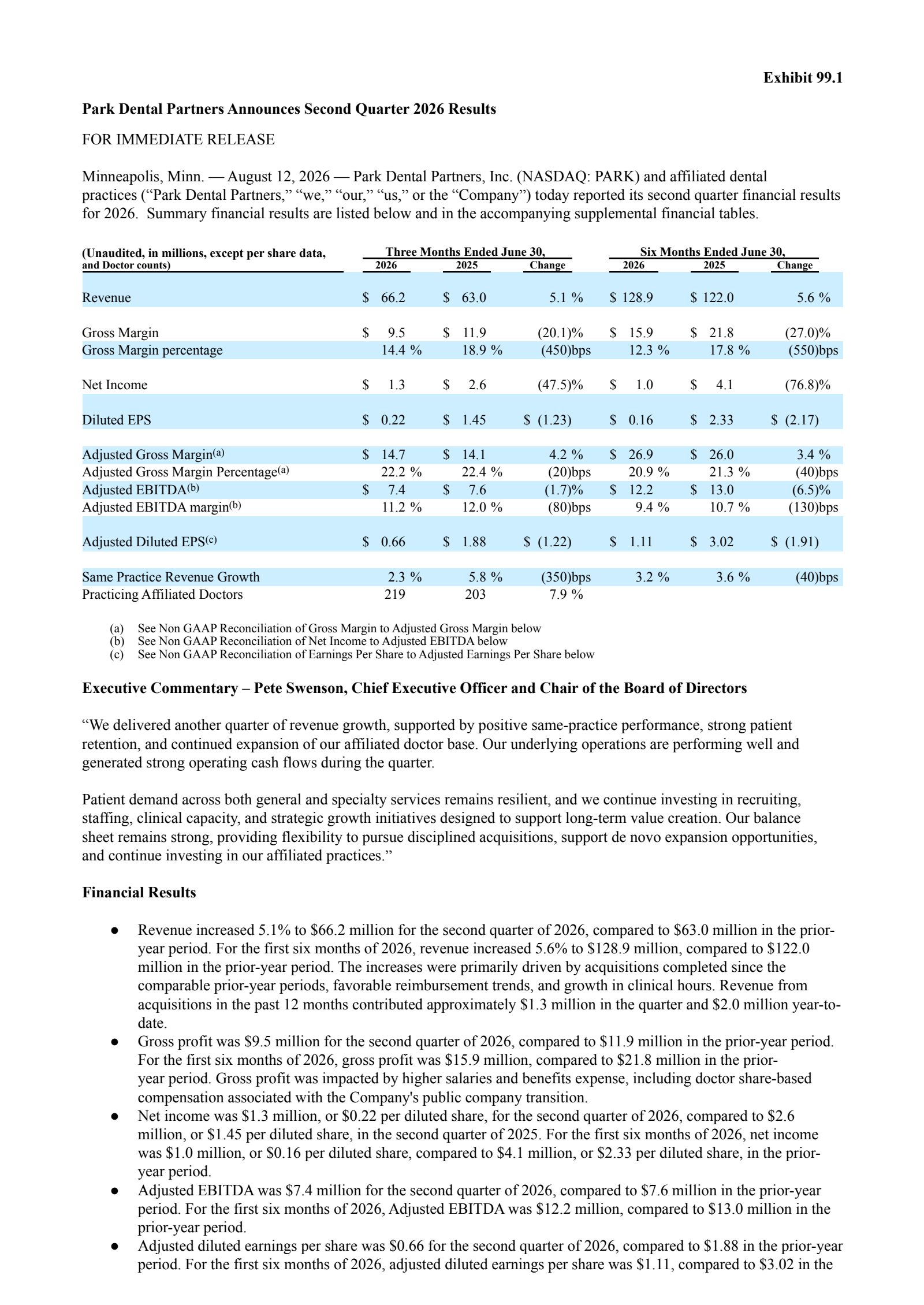 Park Dental Partners' Q2 2026 Press Release