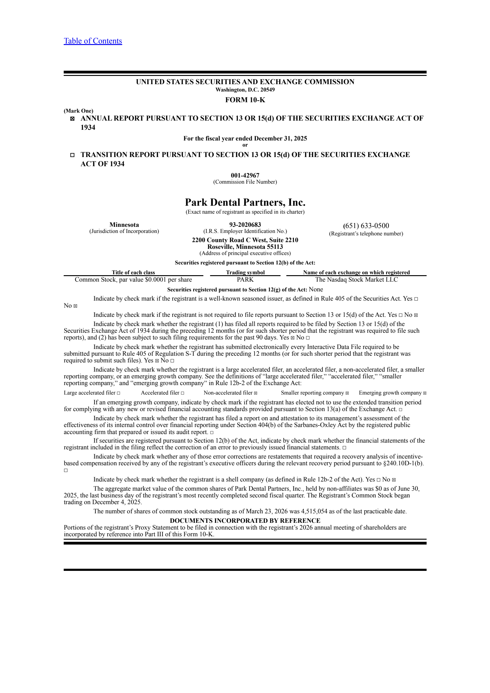 Park Dental Partners' Q4 2025 Annual report