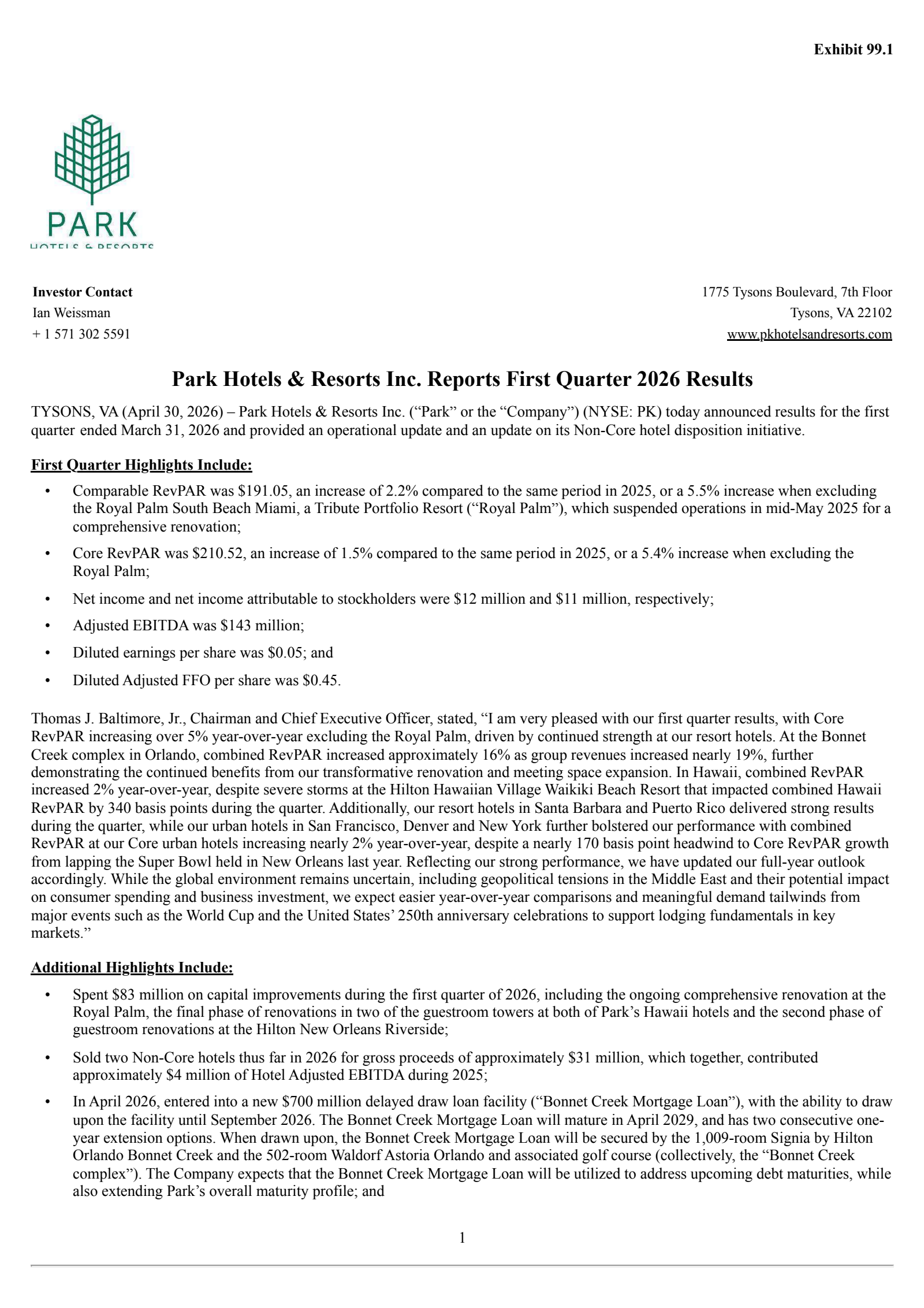 Park Hotels & Resorts' Q1 2026 Press Release