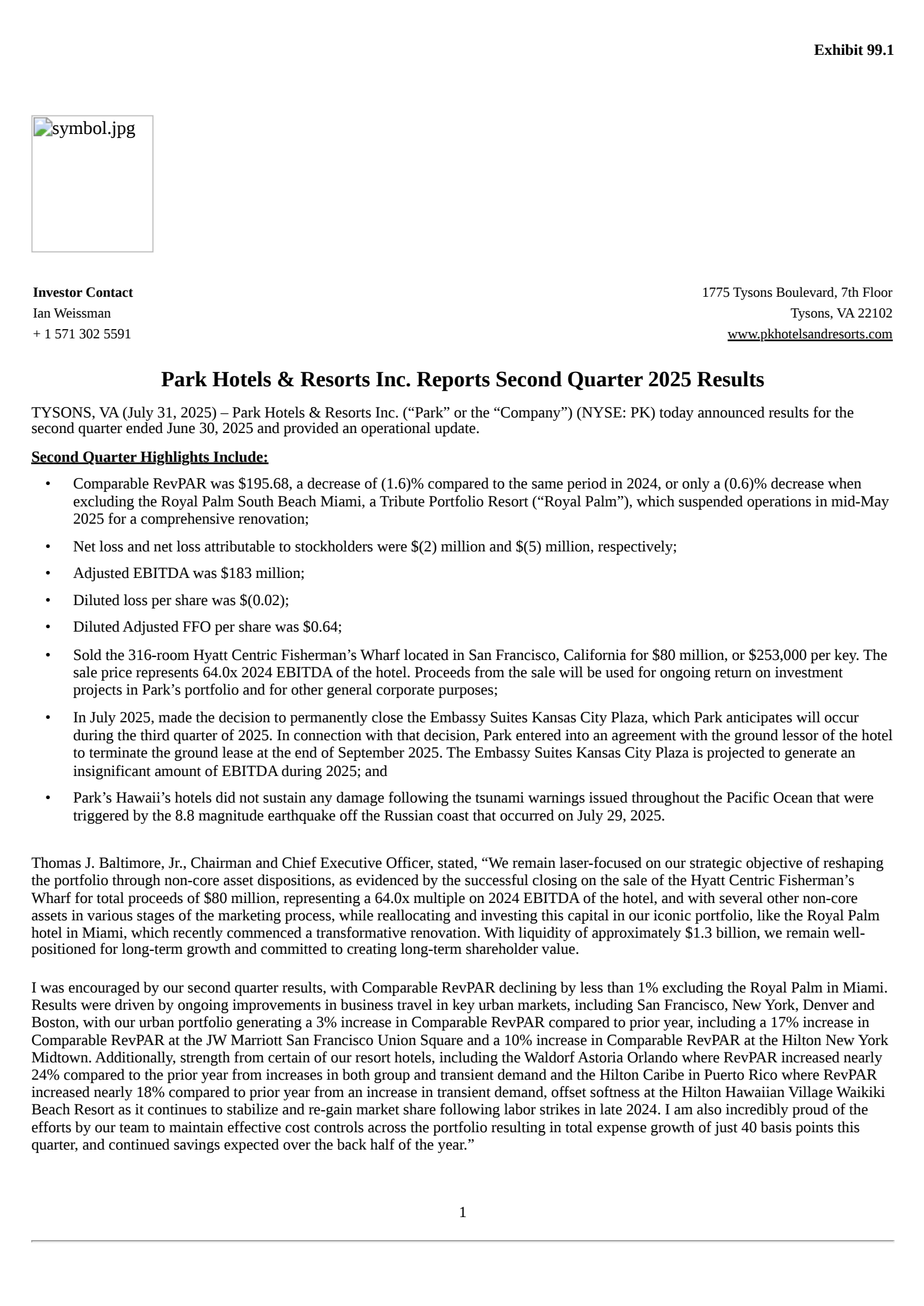 Park Hotels & Resorts' Q2 2025 Press Release
