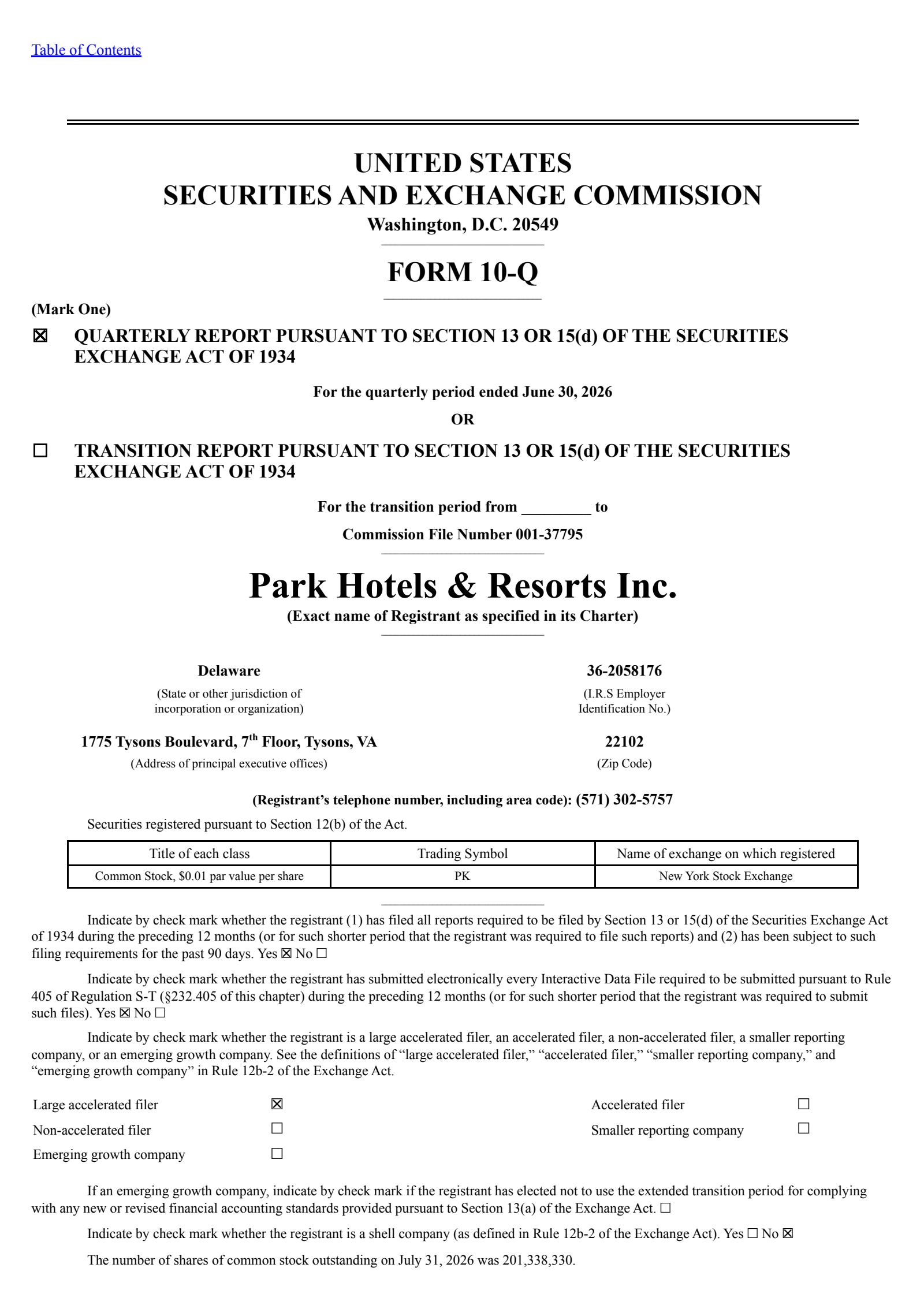Park Hotels & Resorts' Q2 2026 Quarterly report