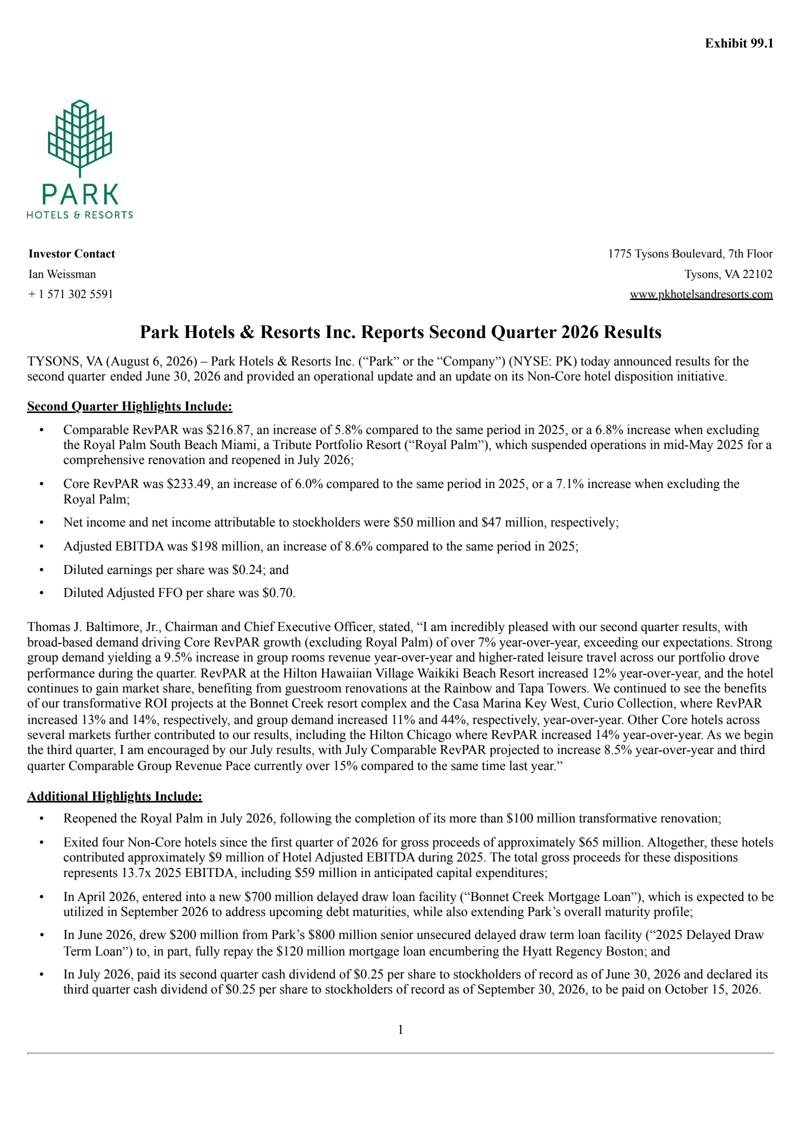 Park Hotels & Resorts' Q2 2026 Press Release