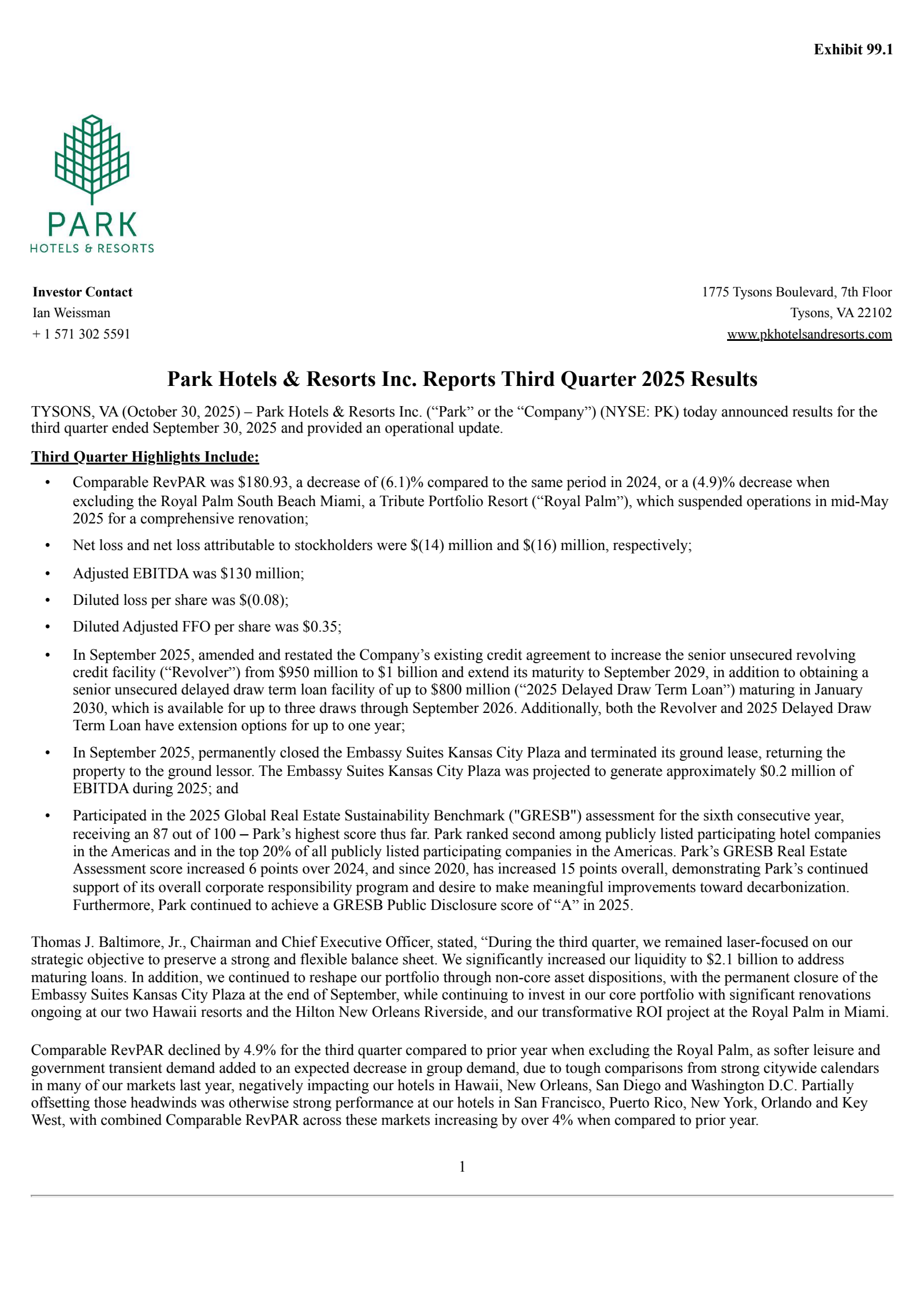 Park Hotels & Resorts' Q3 2025 Earnings Release