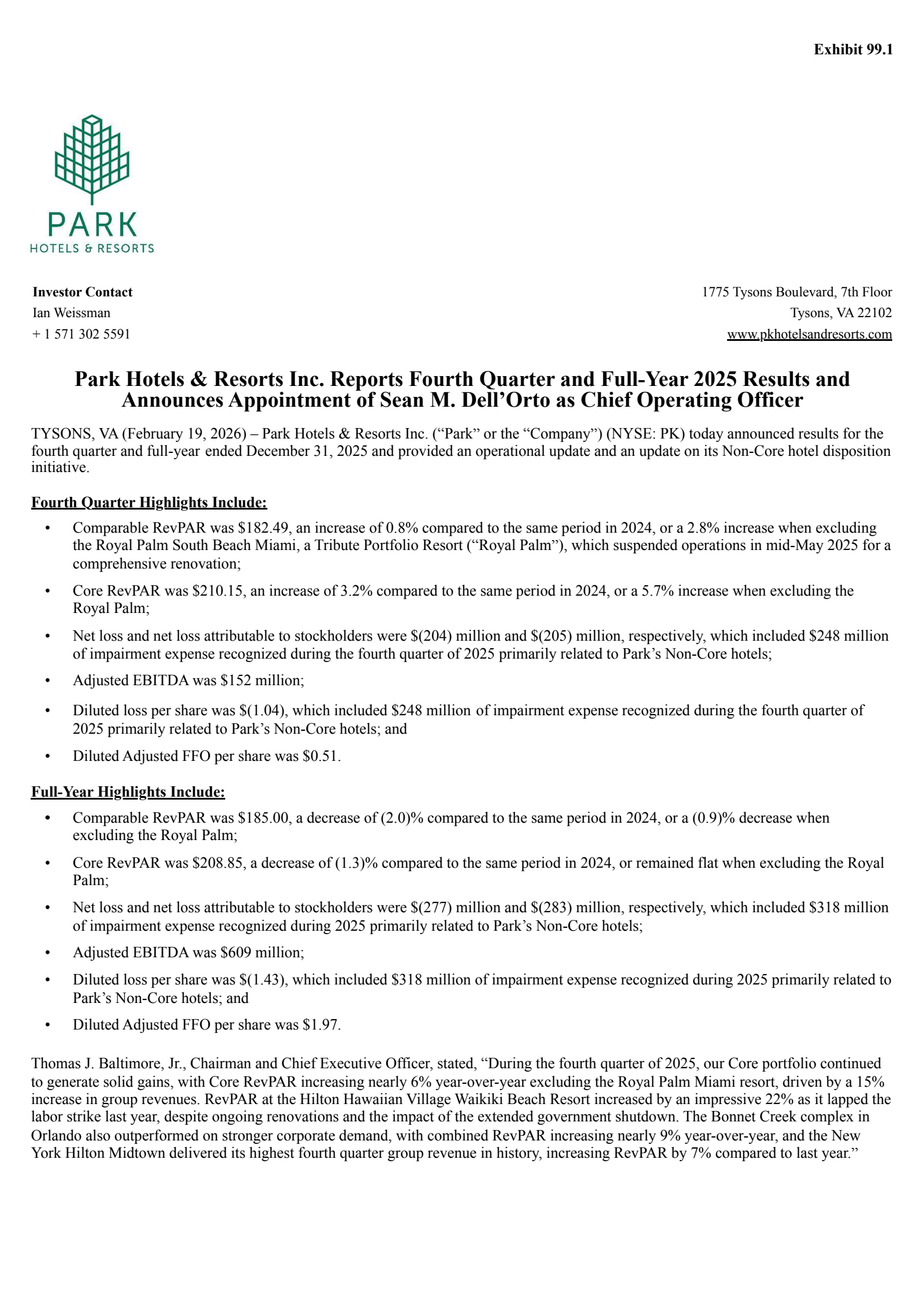 Park Hotels & Resorts' Q4 2025 Press Release