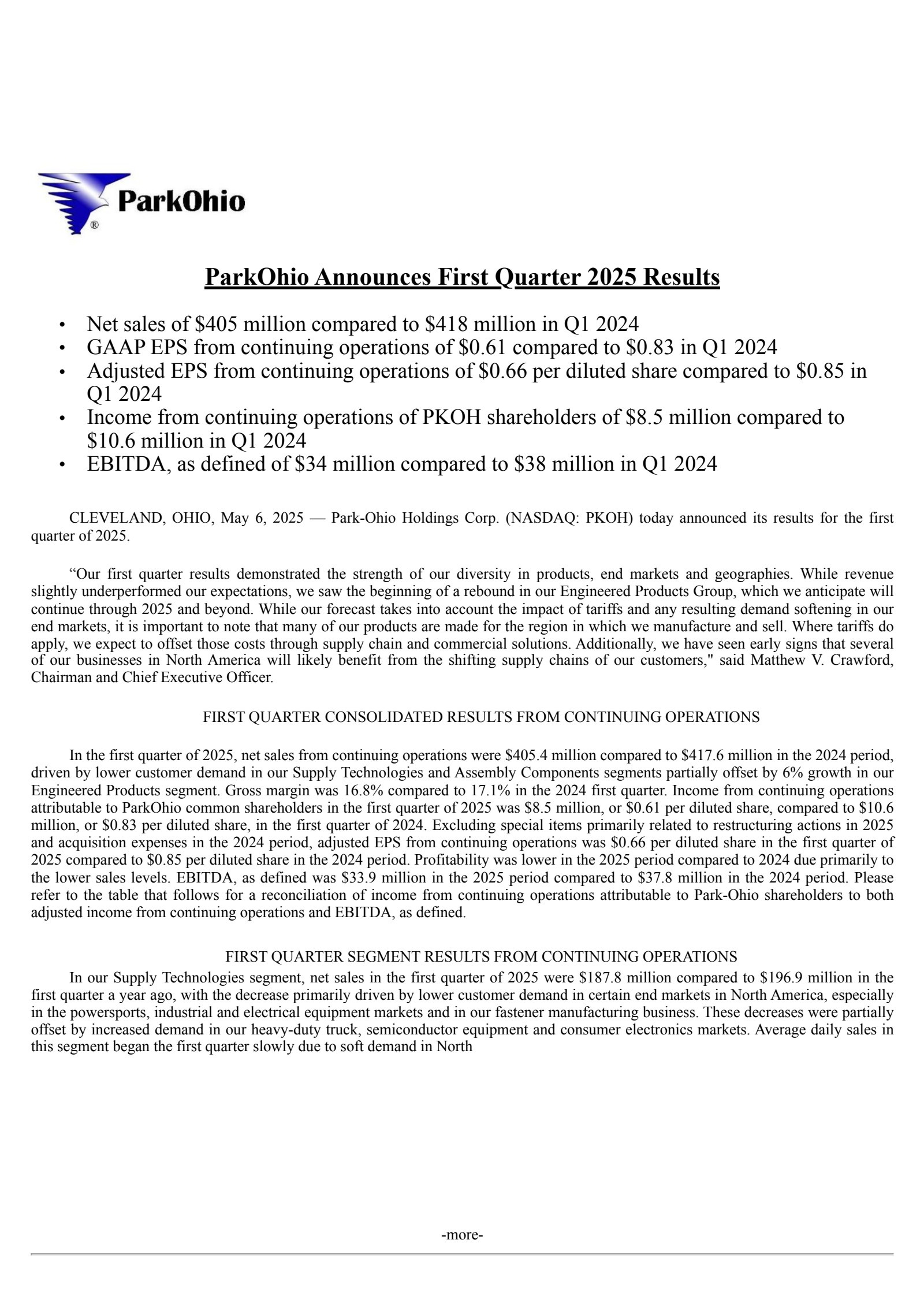 Park-Ohio's Q1 2025 Press Release