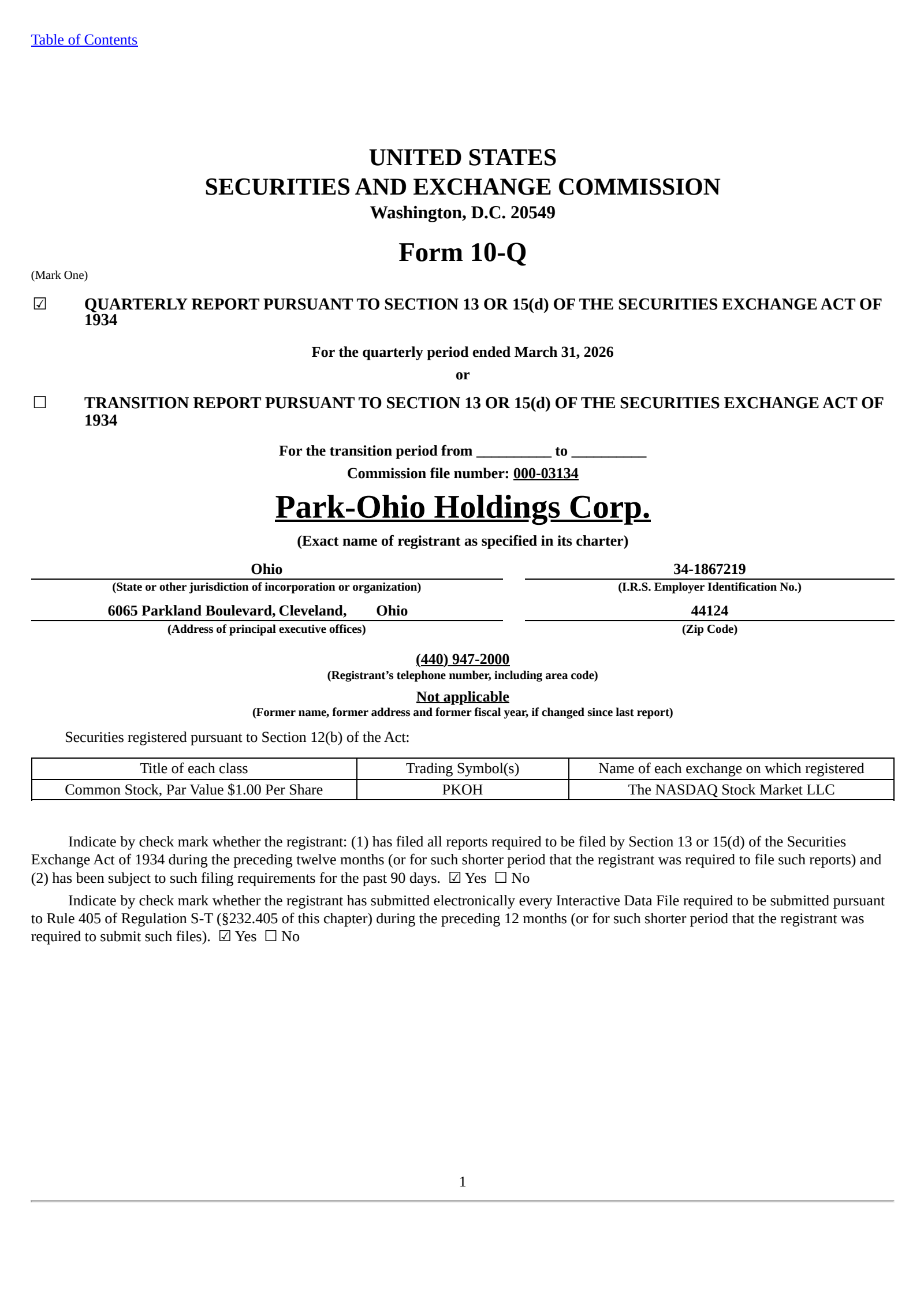 Park-Ohio's Q1 2026 Quarterly report