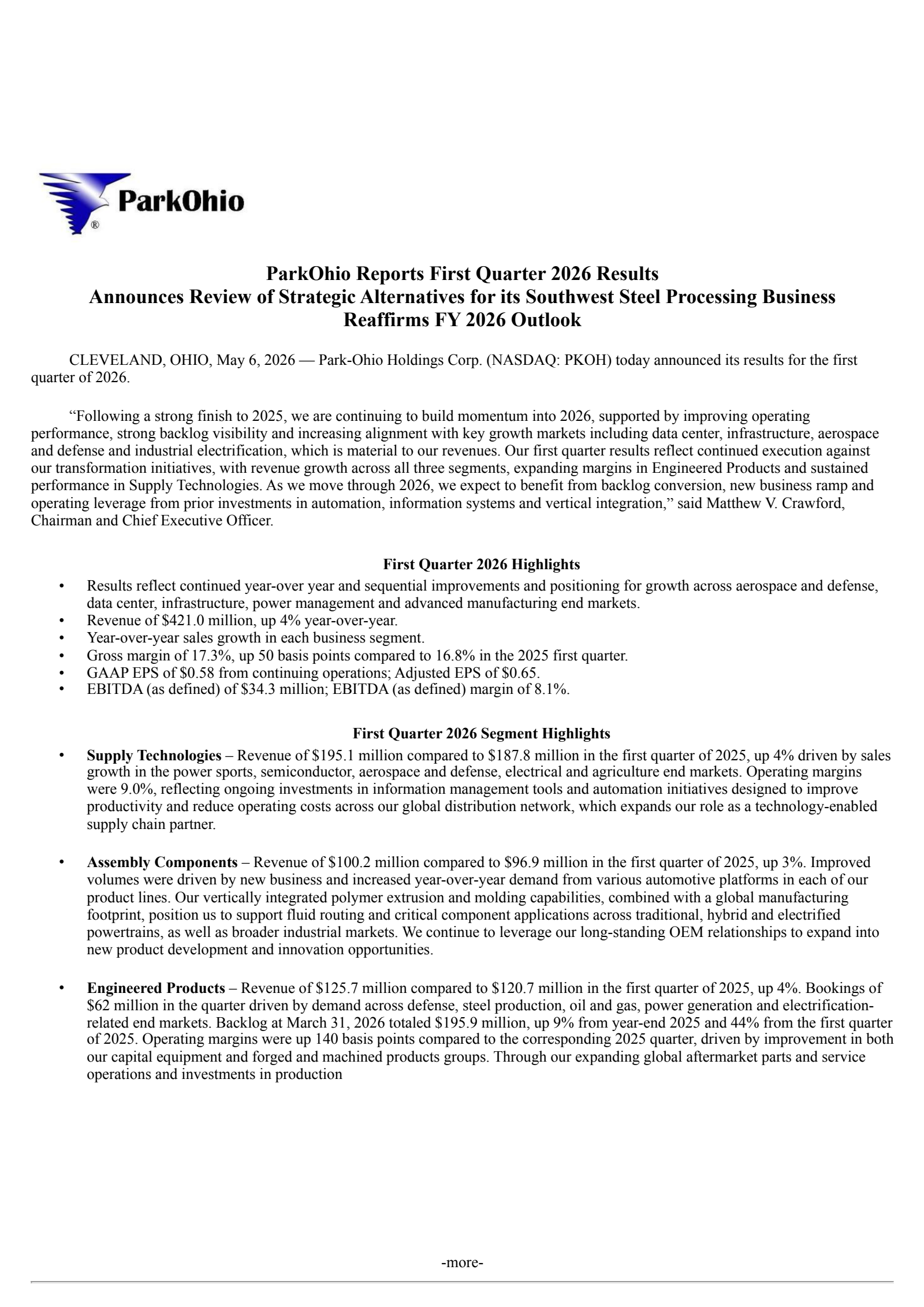Park-Ohio's Q1 2026 Press Release