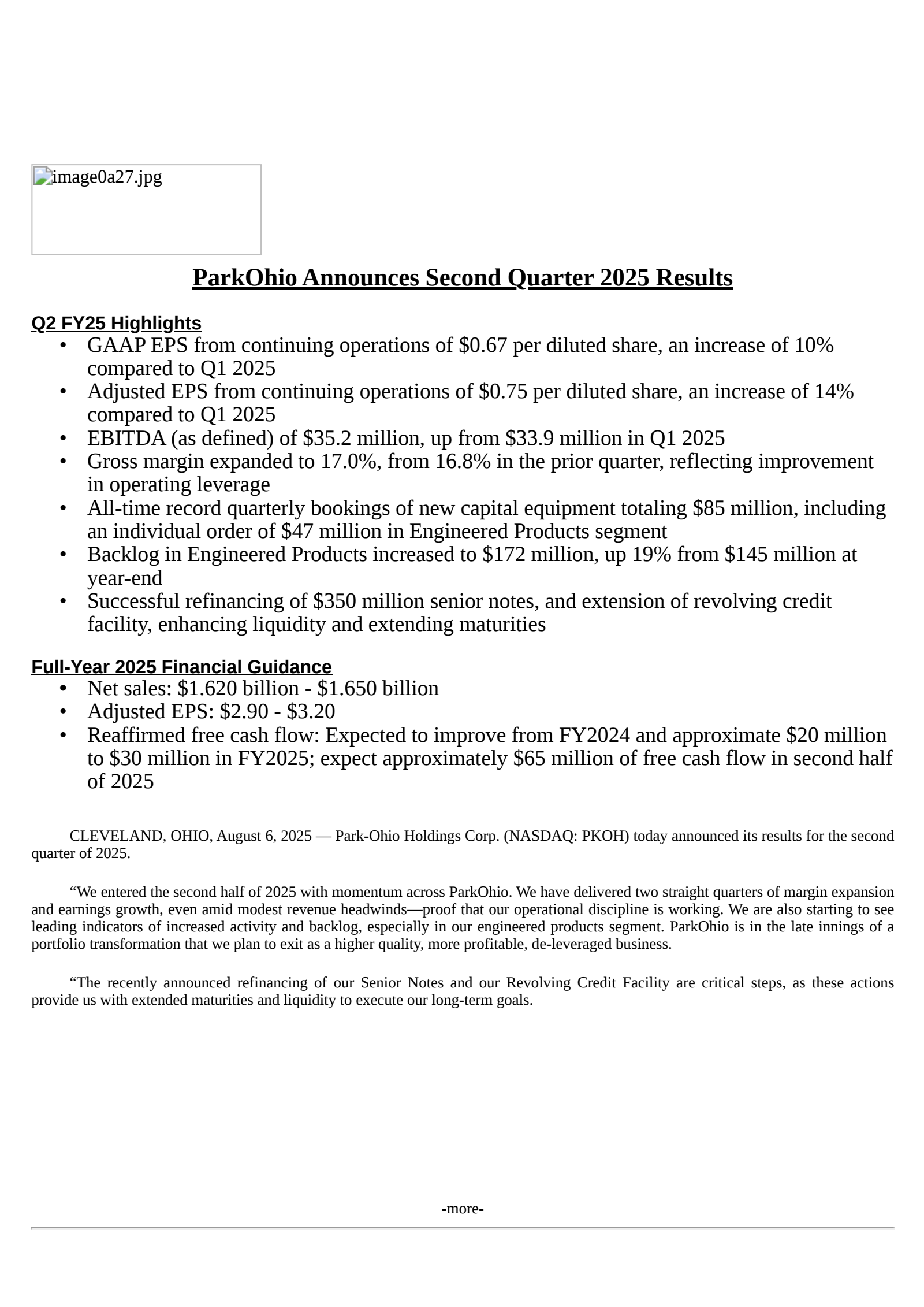 Park-Ohio's Q2 2025 Press Release