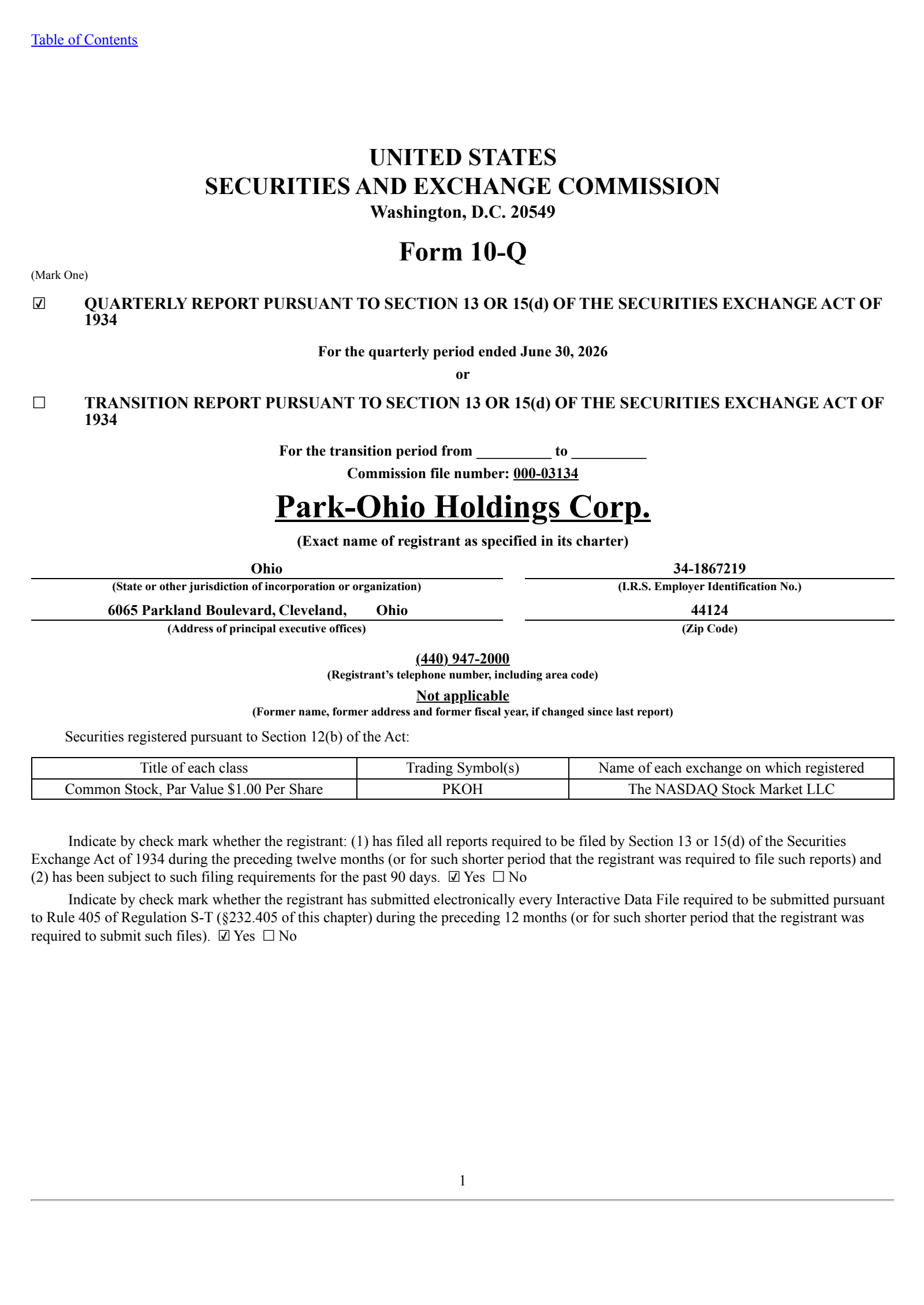 Park-Ohio's Q2 2026 Quarterly report