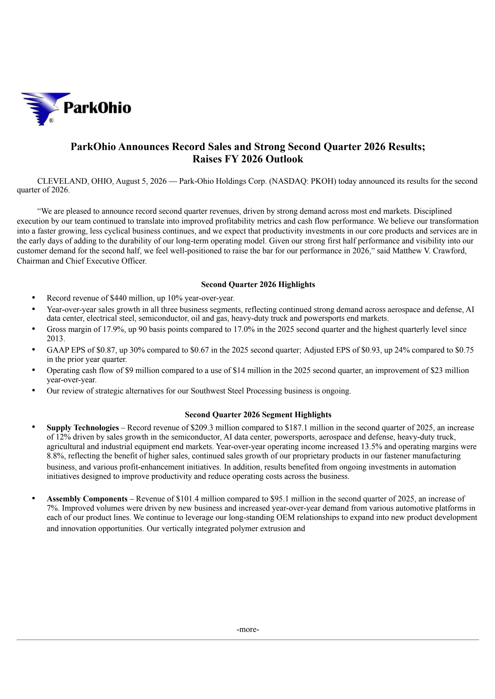 Park-Ohio's Q2 2026 Press Release
