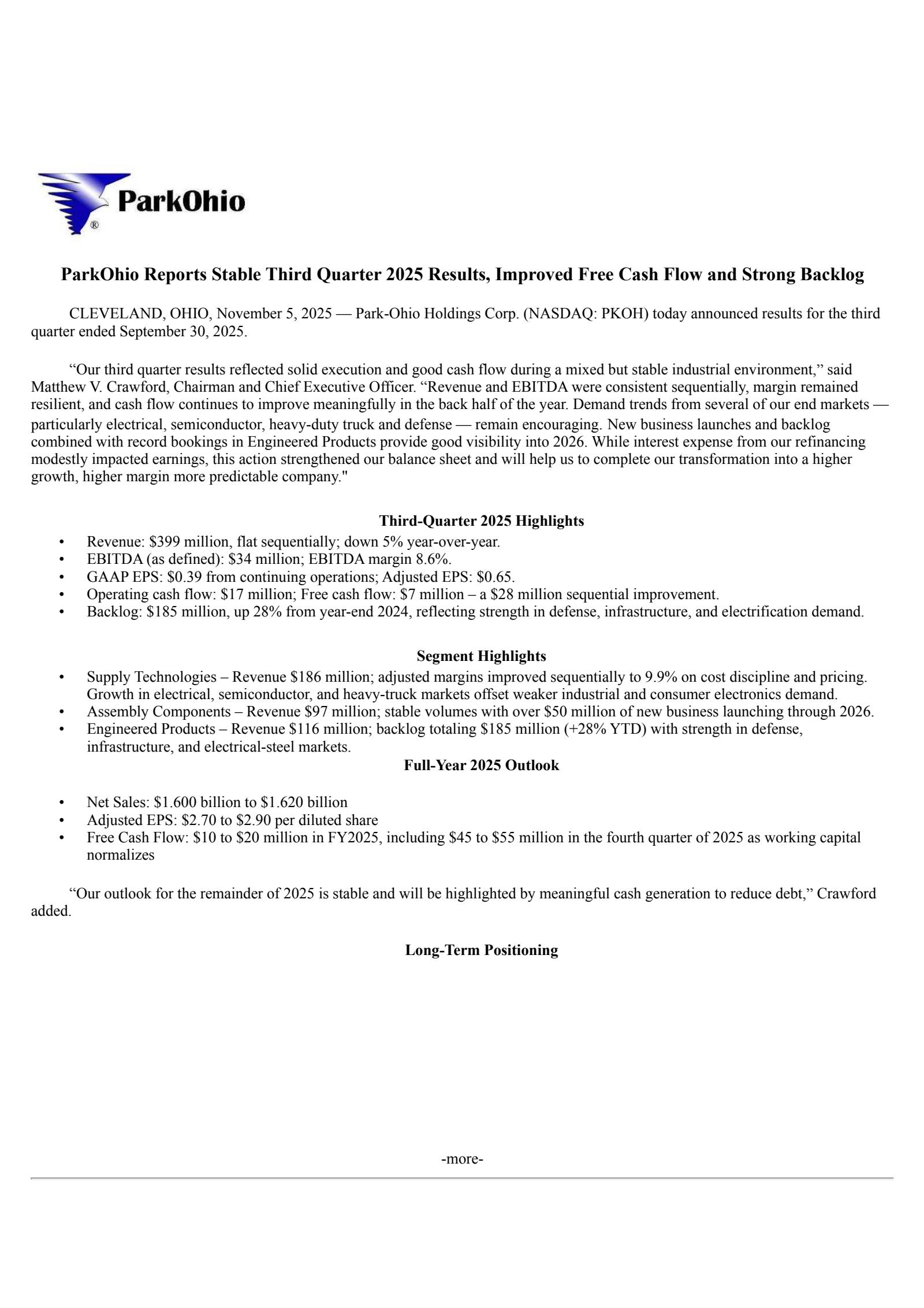 Park-Ohio's Q3 2025 Earnings Release