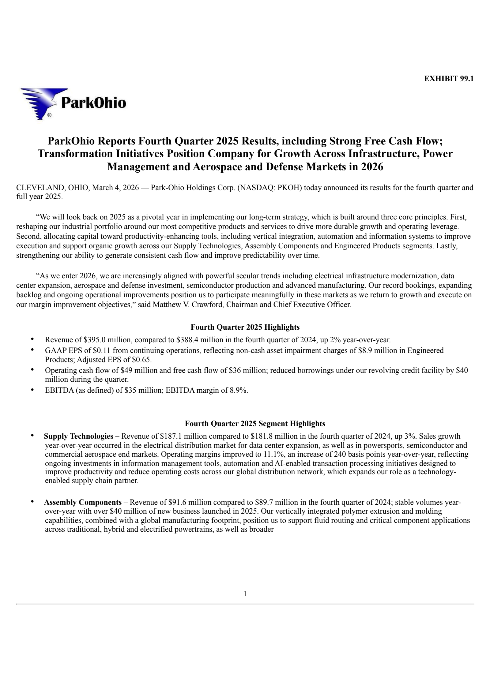 Park-Ohio's Q4 2025 Press Release